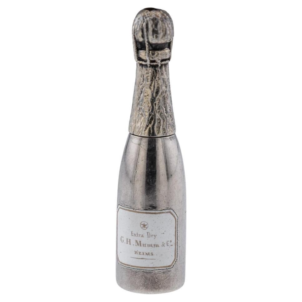 Crayon de bouteille de champagne fantaisie victorien du 19e siècle en argent massif et émail