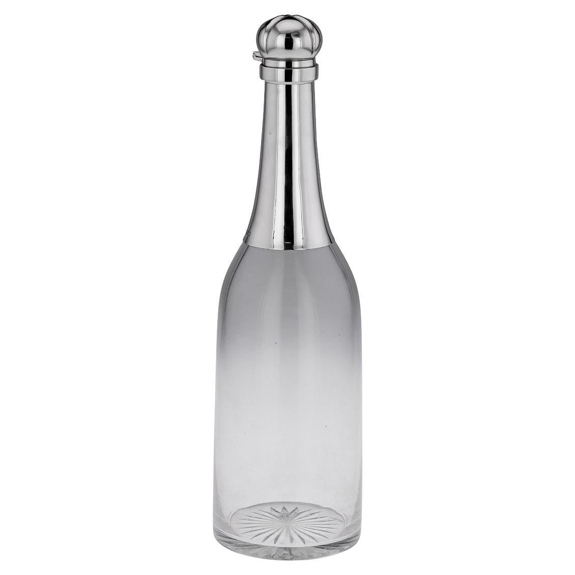 Carafe « Champagne Bottle » victorienne du 19ème siècle en argent massif et verre, vers 1895
