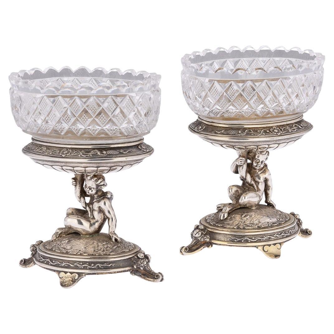 19th Century Victorian Solid Silver & Glass Figural Salts, Elkington, c.1896 For Sale