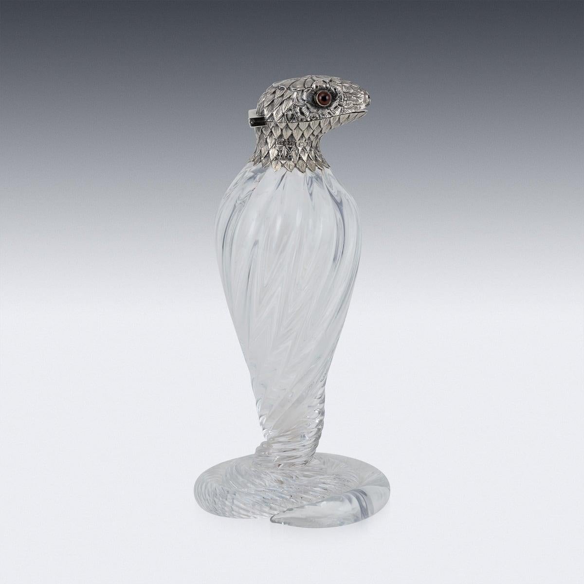19th Century Victorian Solid Silver & Glass Novelty Cobra Claret Jug c.1895 In Good Condition In Royal Tunbridge Wells, Kent