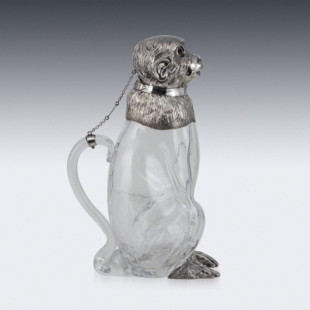 19th Century Victorian Solid Silver & Glass Novelty Monkey Claret Jug c.1892 In Good Condition In Royal Tunbridge Wells, Kent
