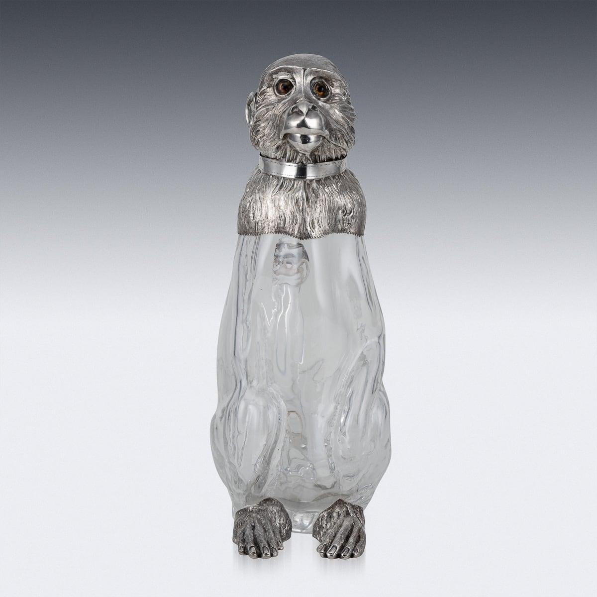 19th Century Victorian Solid Silver & Glass Novelty Monkey Claret Jug c.1892 1
