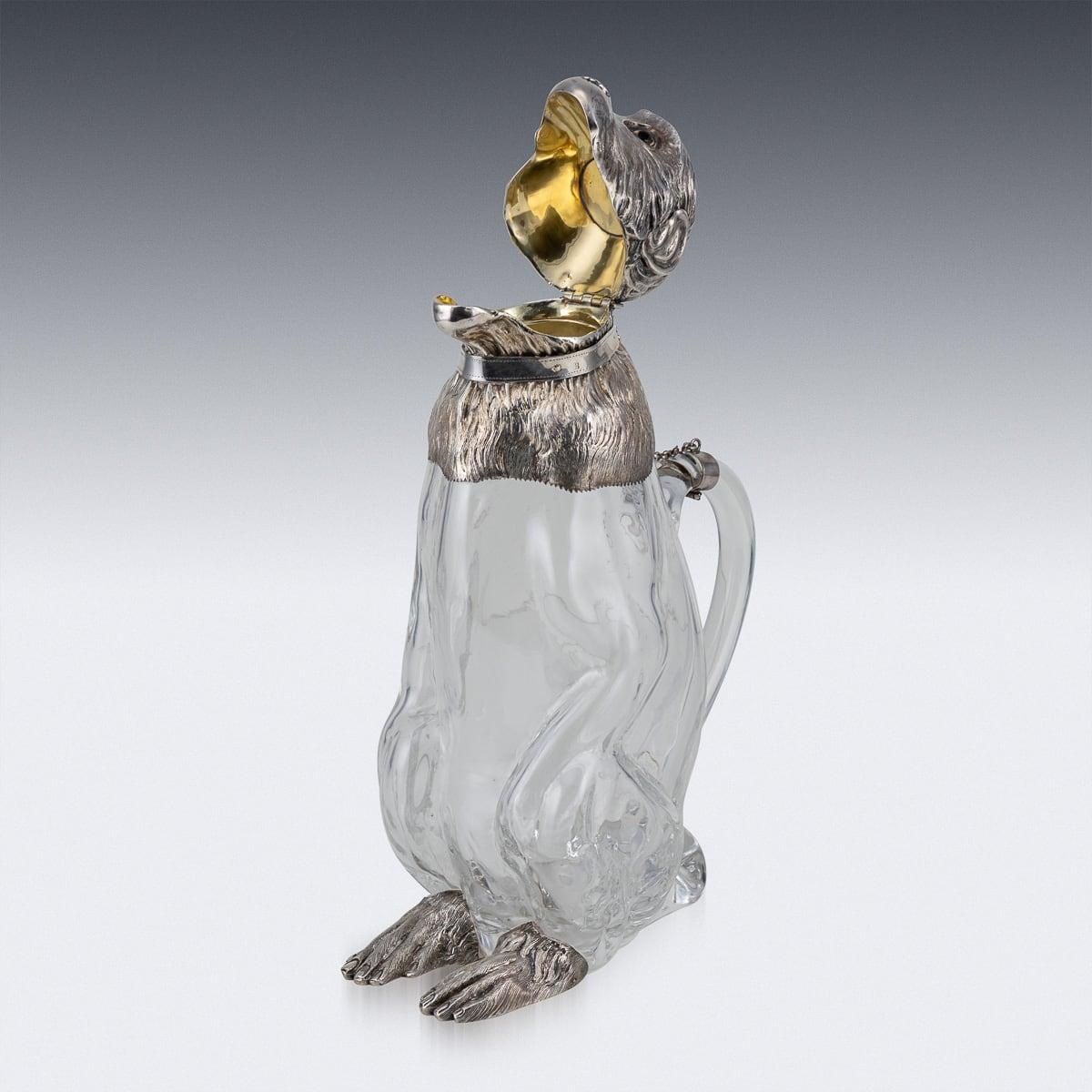 19th Century Victorian Solid Silver & Glass Novelty Monkey Claret Jug c.1892 2