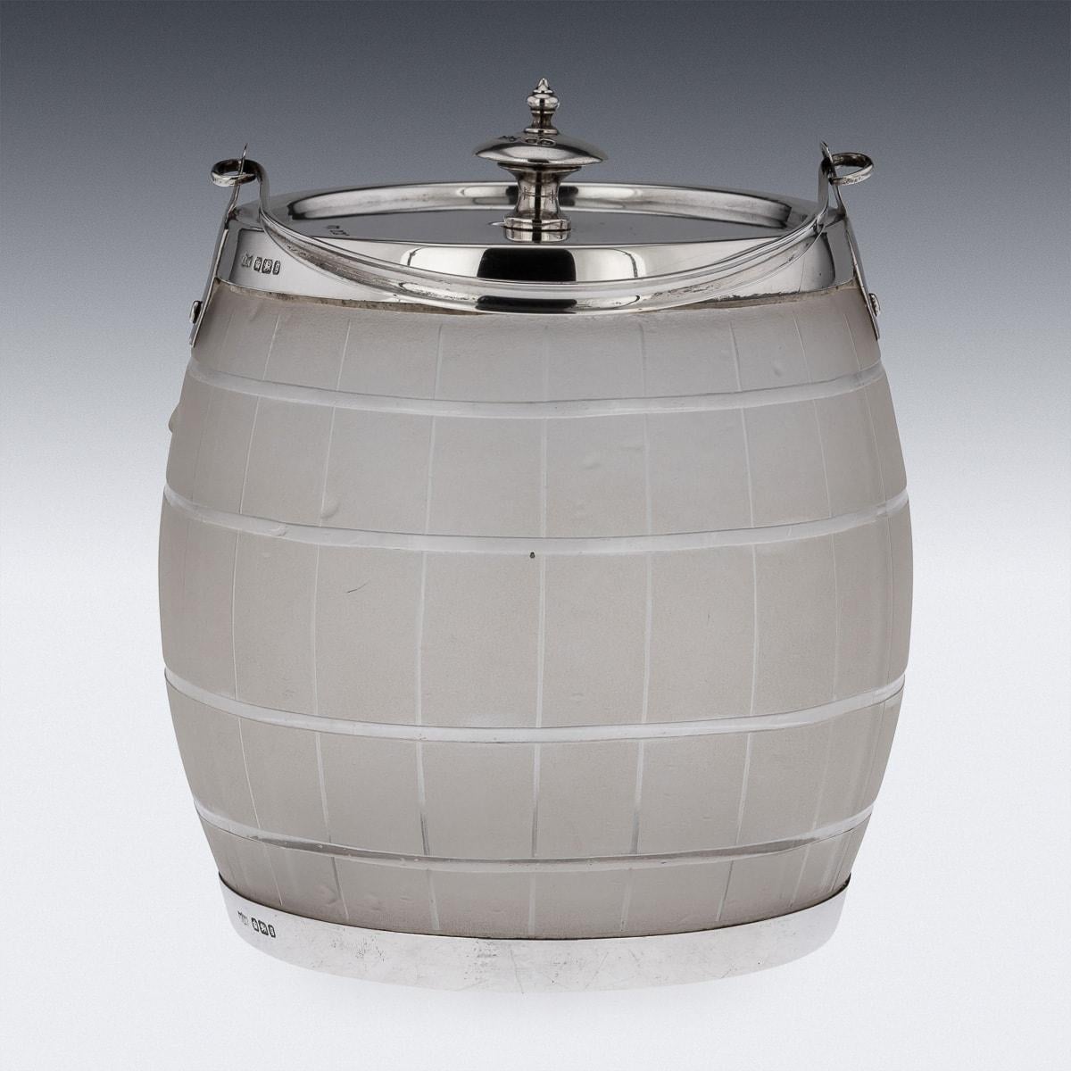 Antique 19th Century Victorian solid silver and frosted glass ice bucket a swinging handle in a shape of a whisky barrel. A wonderful example of Victorian creativity and ingenuity with this rather fabulous cut-glass ice or biscuit barrel with solid