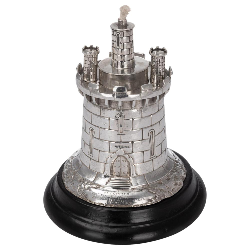19th Century Victorian Solid Silver Guard Tower Table Lighter, London, c.1878 For Sale