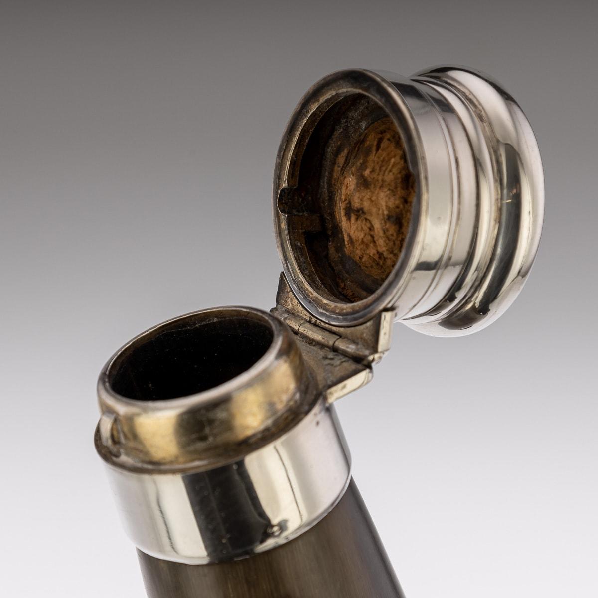 19th Century Victorian Solid Silver & Horn Hunting Flask, London, c.1886 For Sale 1