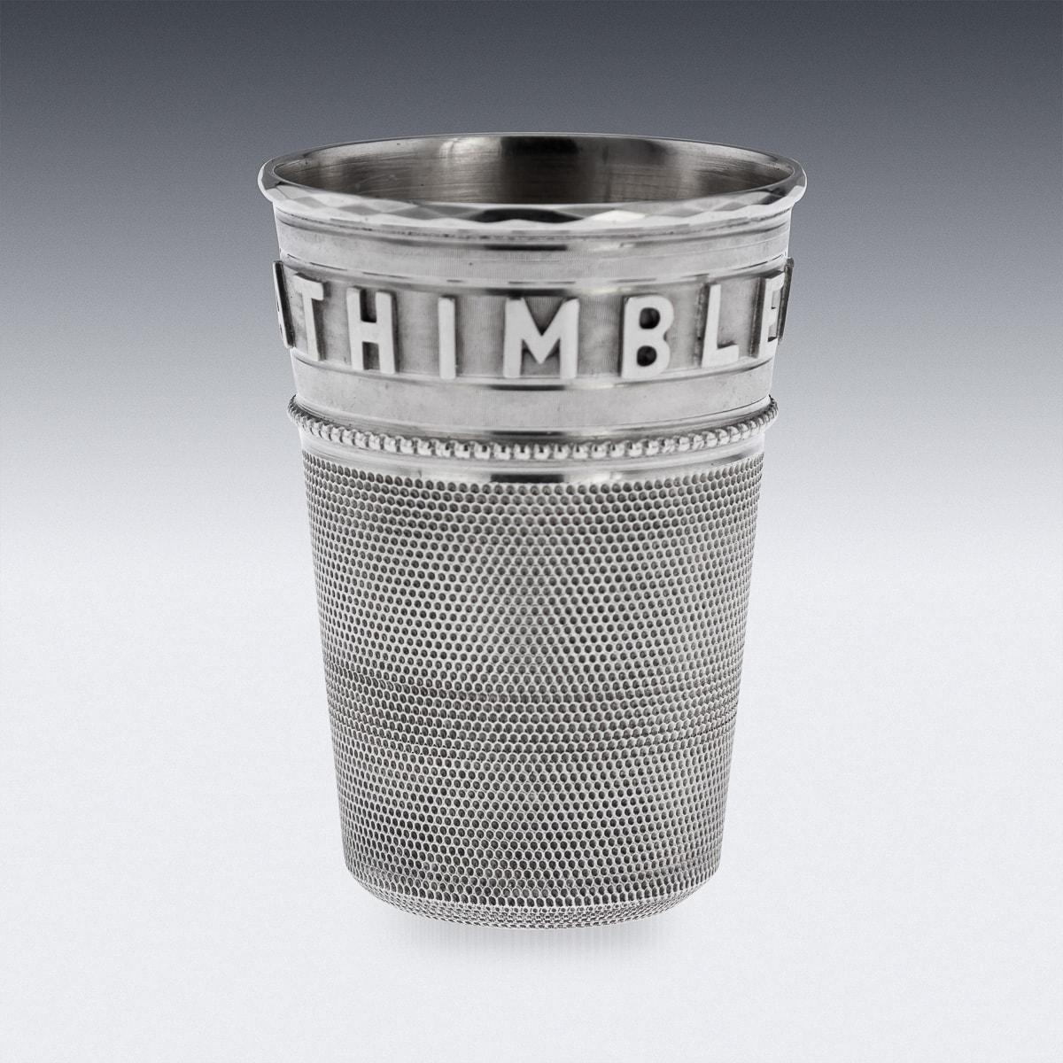 British 19th Century Victorian Solid Silver 'Just A Thimbleful' Shot Cup, c.1890