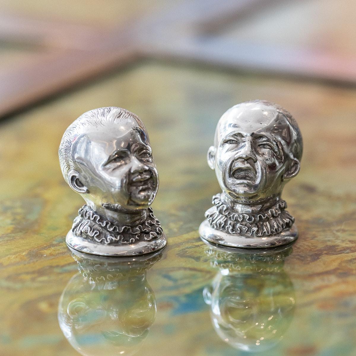 Antique 19th Century Victorian very rare pair of novelty cast solid silver table salt & pepper, realistically modelled as two childrens heads, one laughing and the other crying, with screw lids to the base. Both hallmarked English silver (925