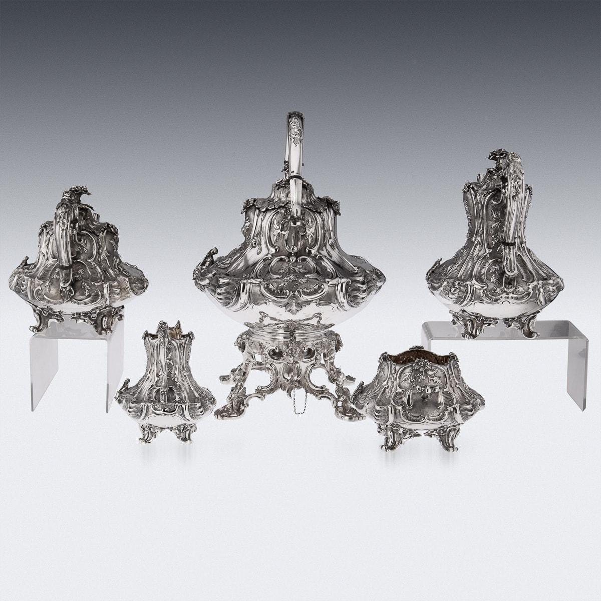 British 19th Century Victorian Solid Silver Orientalist 5 Piece Tea & Coffee Set, c.1843