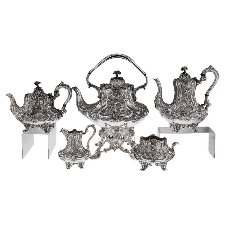 19th Century Victorian Solid Silver Orientalist 5 Piece Tea & Coffee Set, c.1843 For Sale