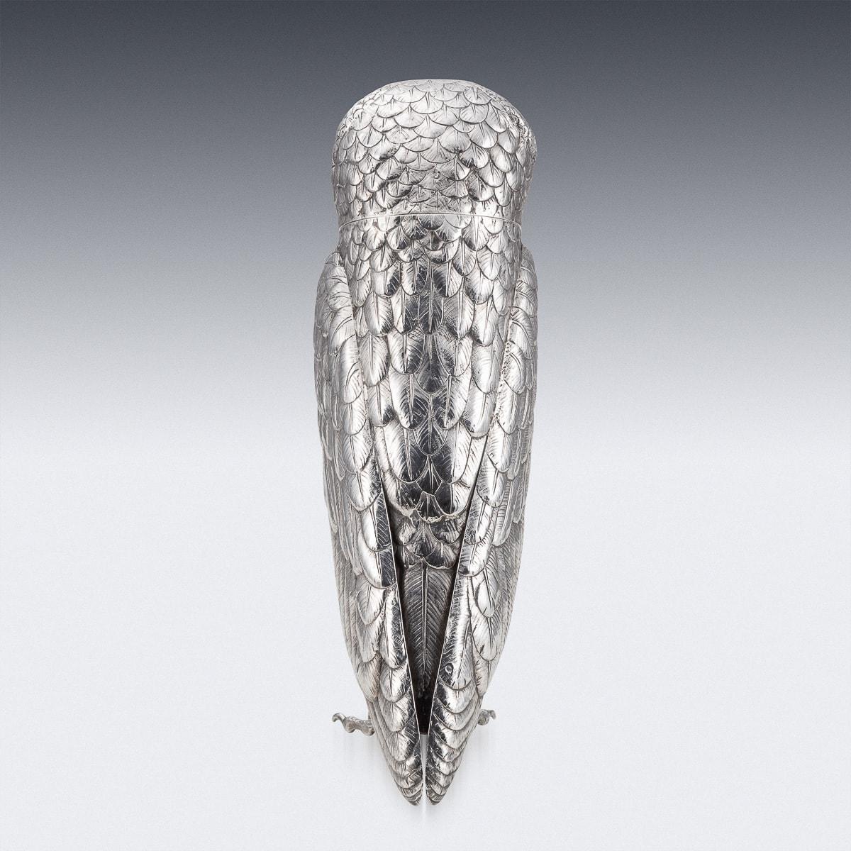 British 19th Century Victorian Solid Silver Owl Shaped Cocktail Shaker, c.1898