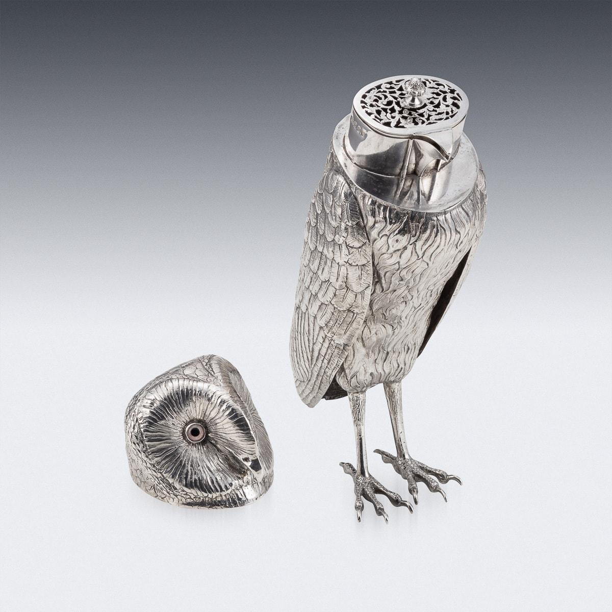 19th Century Victorian Solid Silver Owl Shaped Cocktail Shaker, c.1898 2