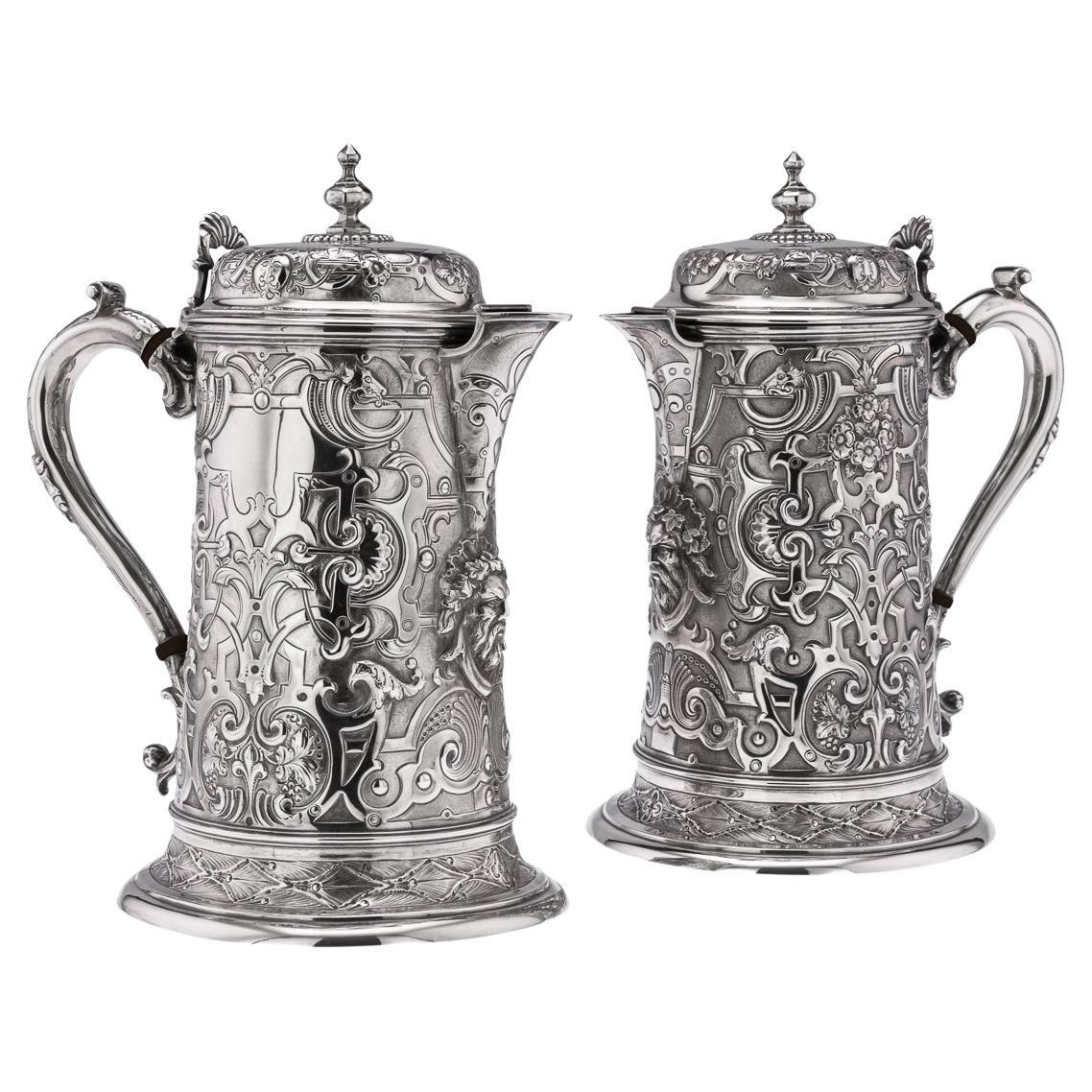 19th Century Victorian Solid Silver Pair of Flagons, Martin Hall & Co circa 1875