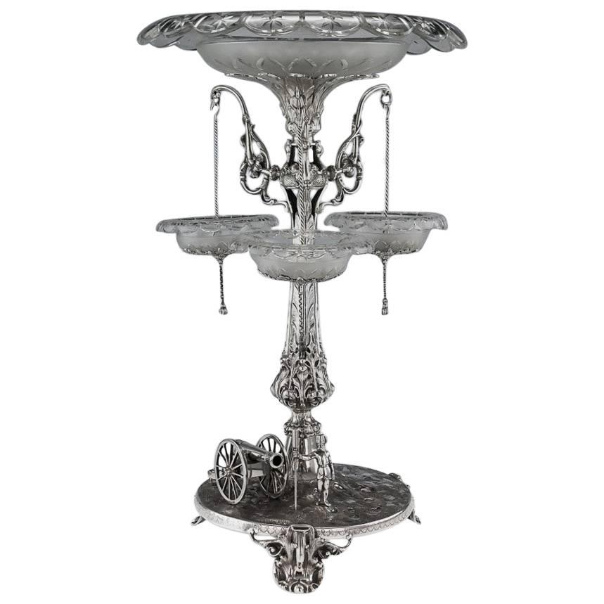 19th Century Victorian Solid Silver Royal Artillery Centrepiece, circa 1874