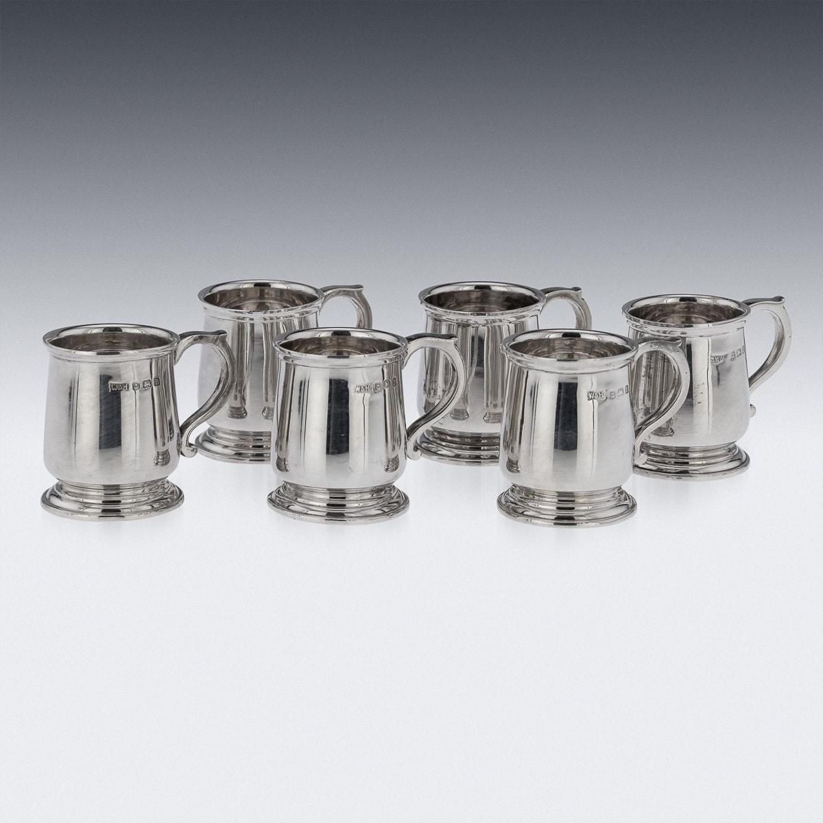 Antique 19th Century Victorian solid silver set of 6 shot tankards. These tankards have a tapering cylindrical form as well as two broad bands of decoration surrounding the entire body. Each mug is fitted with a plain C shaped handle which has a