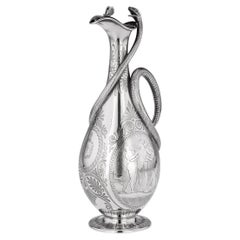 Antique 19th Century Victorian Solid Silver Snake Wine Jug, Barnards, c.1854