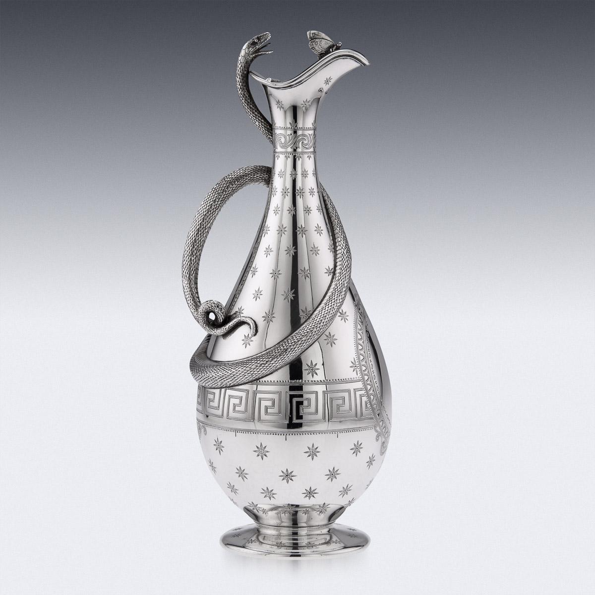 British 19th Century Victorian Solid Silver Snake Wine Jug, Barnards, c.1866