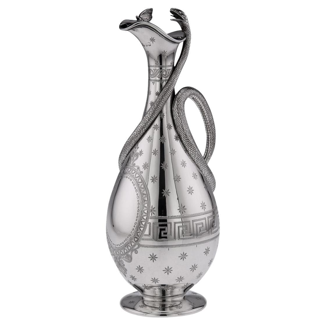 19th Century Victorian Solid Silver Snake Wine Jug, Barnards, c.1866