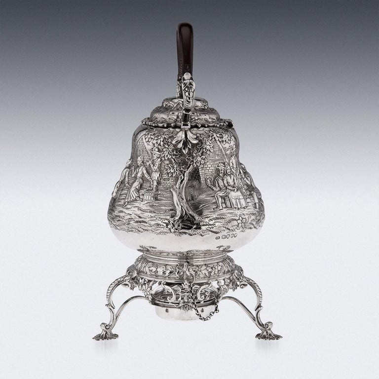 British 19th Century Victorian Solid Silver Teniers Hot Water Kettle, J Figg, c.1879 For Sale