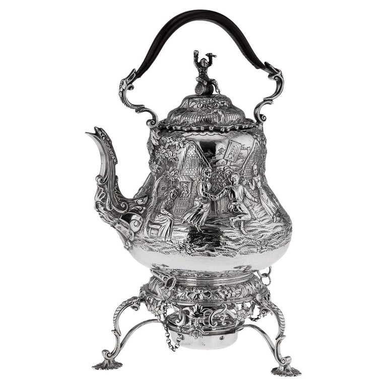 19th Century Victorian Solid Silver Teniers Hot Water Kettle, J Figg, c.1879 For Sale