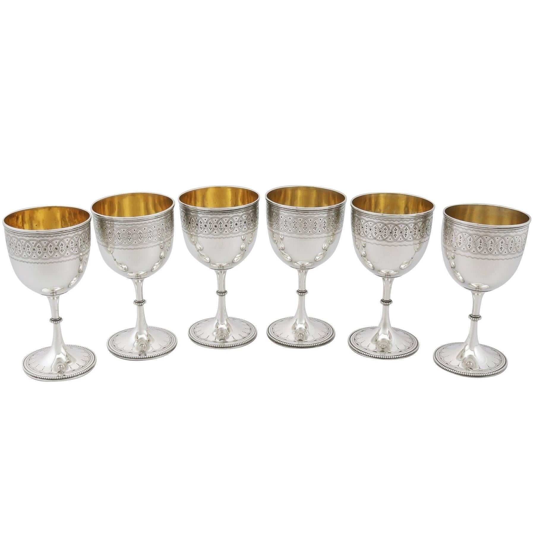 An exceptional, fine and impressive set of six antique Victorian English sterling silver goblets; an addition to our range of wine and drinks related silverware.

These exceptional antique Victorian sterling silver goblets have a bell shaped form