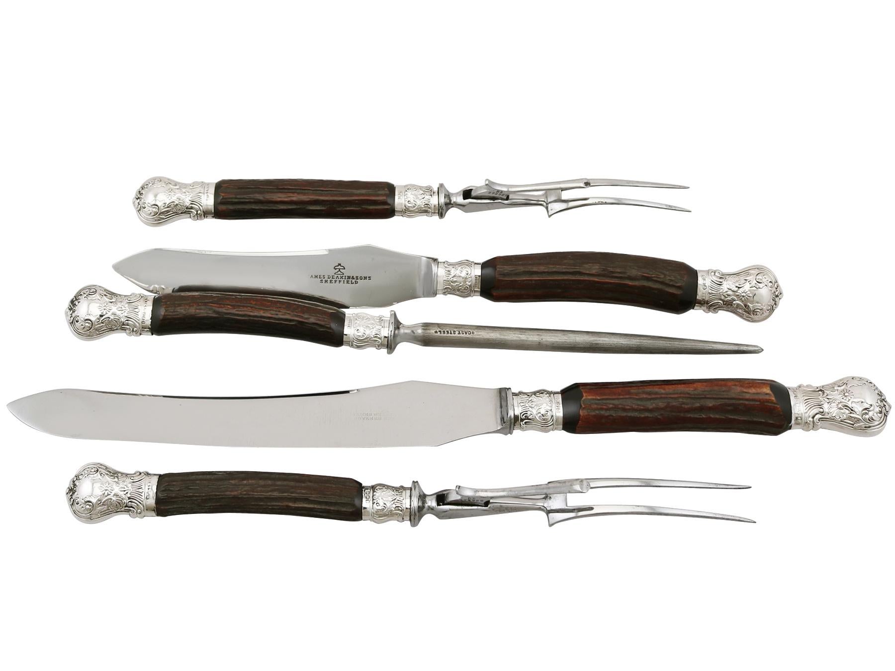 An exceptional, fine and impressive antique Victorian steel, horn handled and sterling silver mounted five piece carving set - boxed; an addition to our diverse dining silverware collection.

This exceptional antique Victorian sterling silver