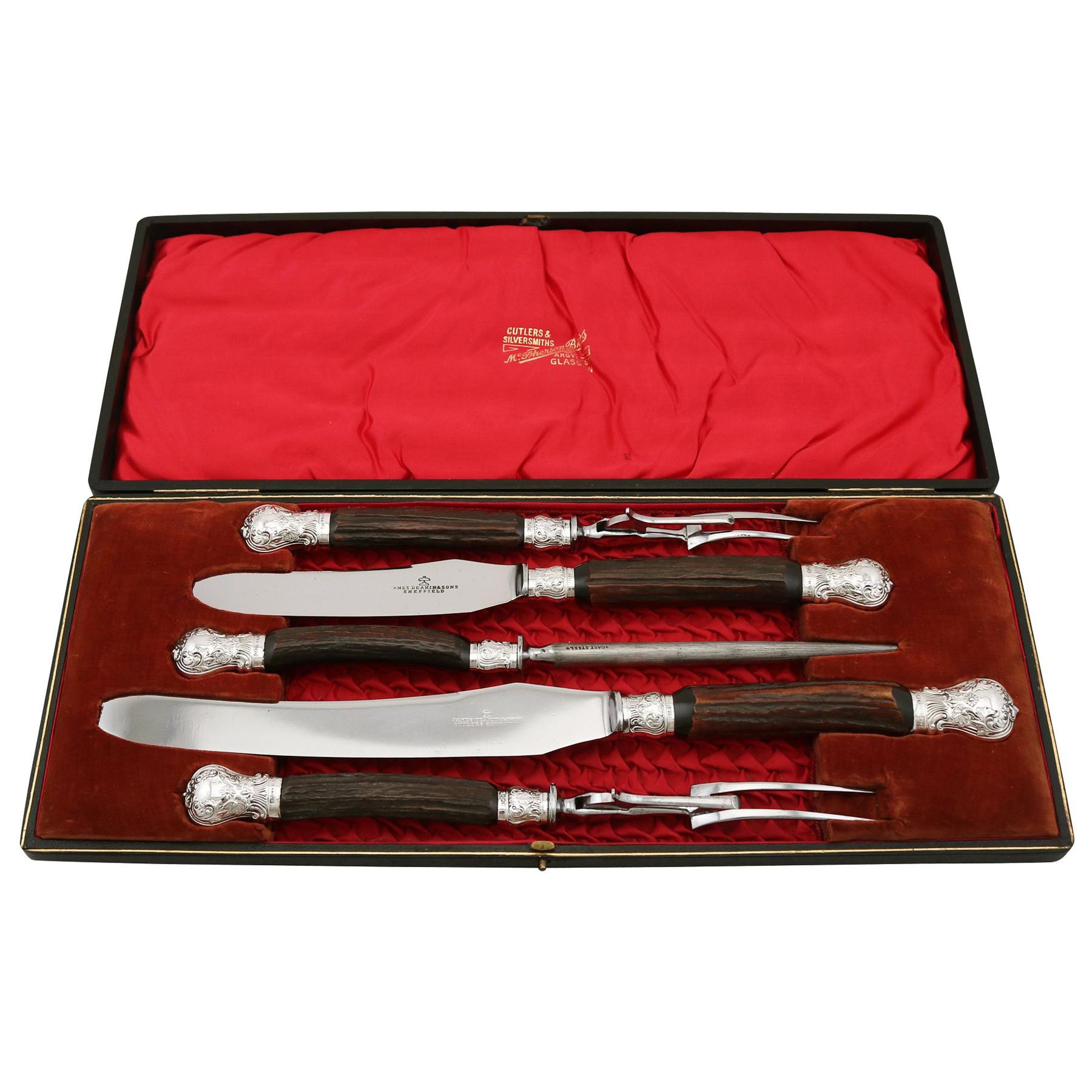 19th Century Victorian Sterling Silver, Steel and Horn Carving Set