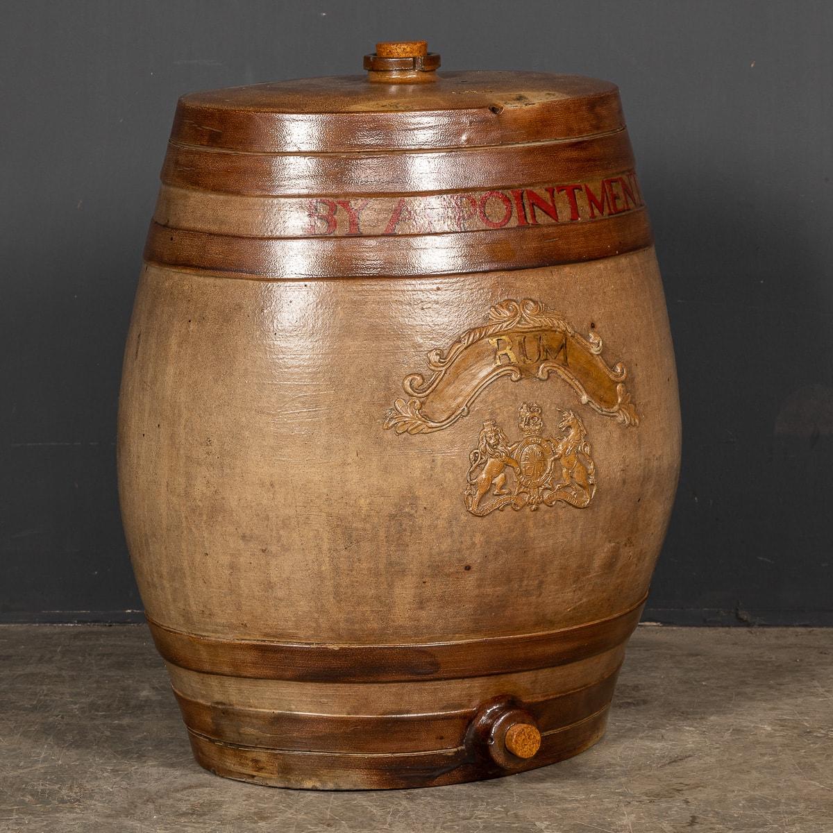 Antique 19th Century Victorian rum barrel. A good example of an oval stoneware rum barrel, This piece has a royal crest emblazoned on the front used in a Victorian Inn.

CONDITION
In Good Condition - Wear as expected. Please refer to photographs.