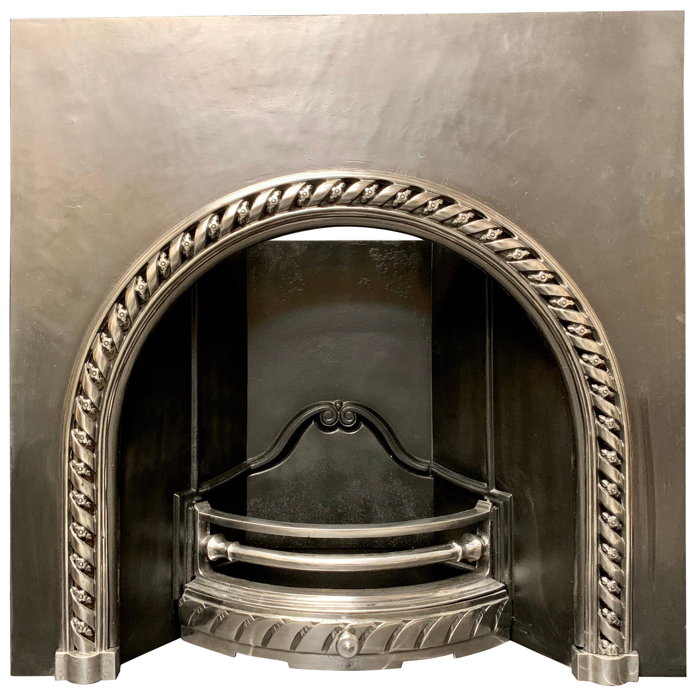 19th Century Victorian Style Arched Highlighted Cast Iron Fireplace Insert For Sale