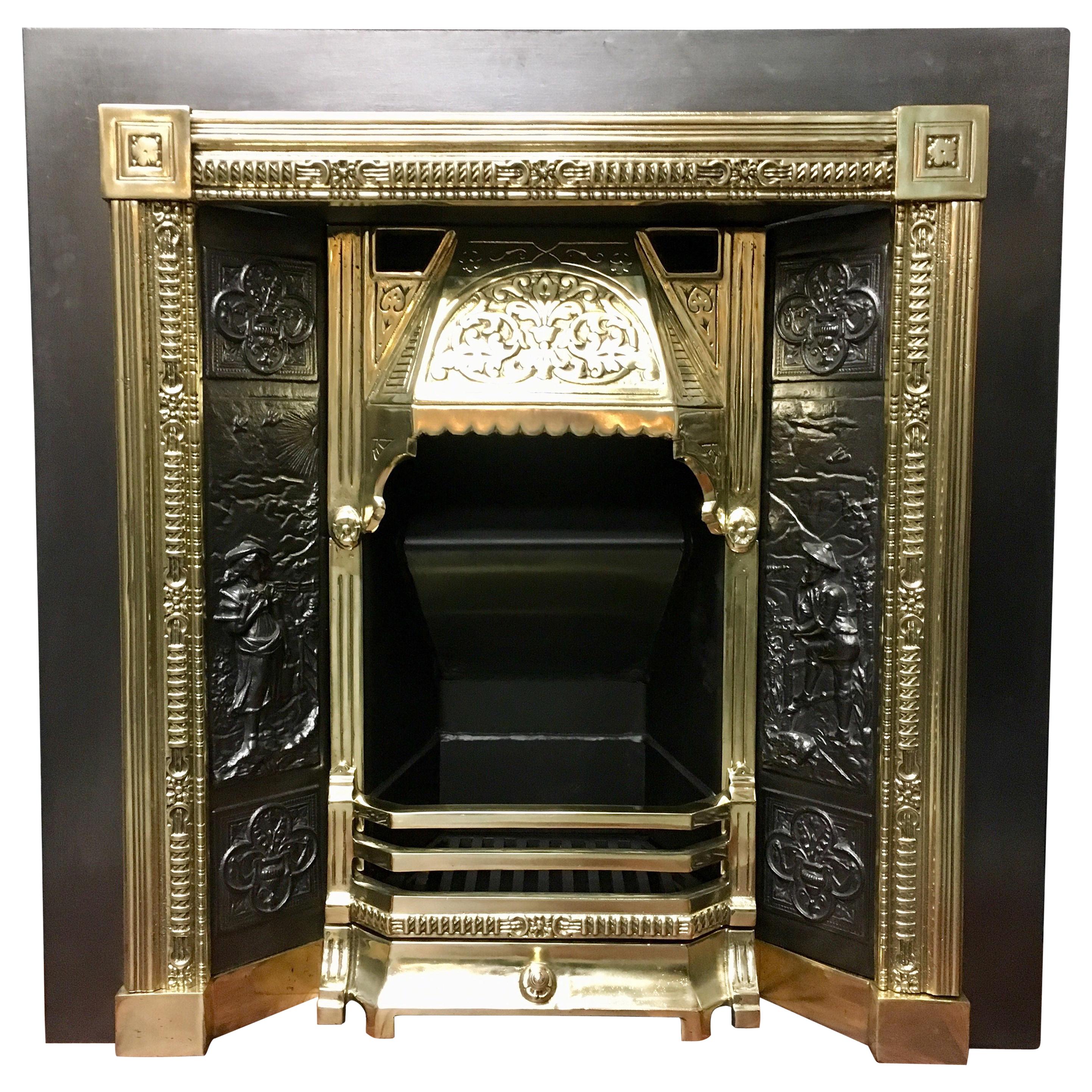19th Century Victorian Style Cast Iron & Brass Fireplace Surround Insert & Grate