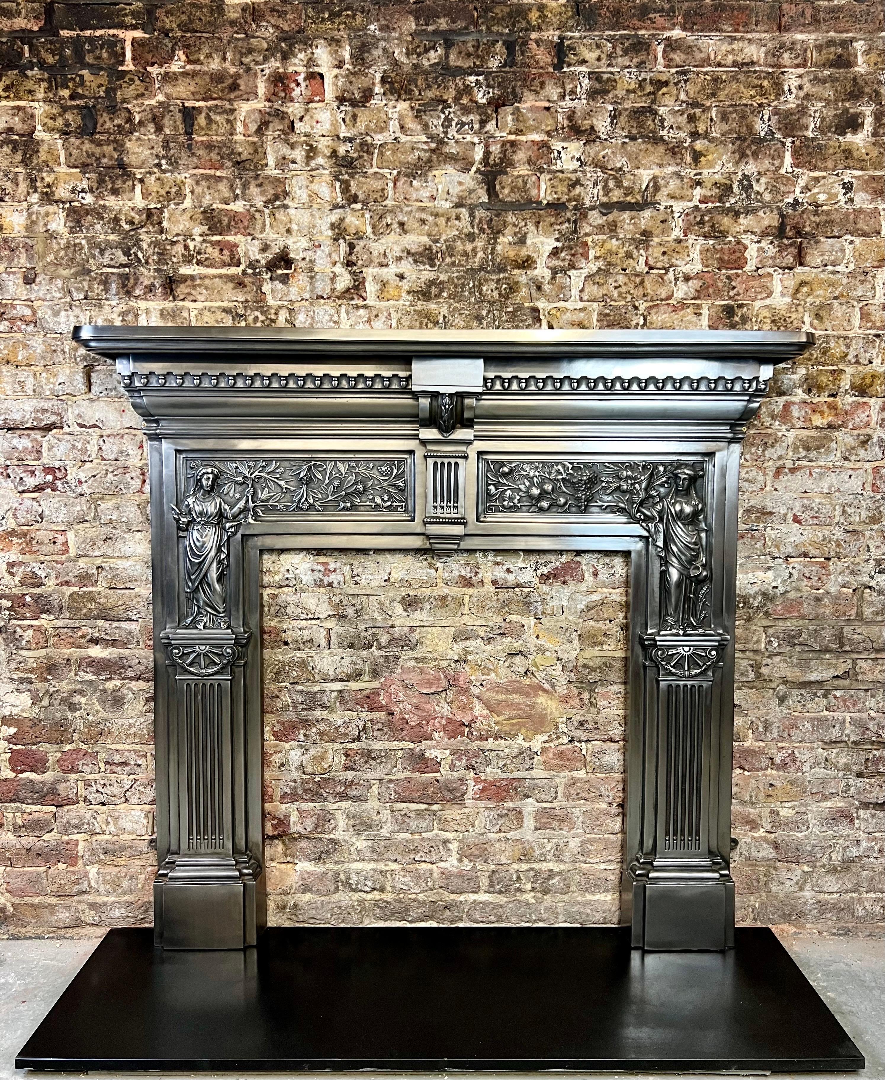 20th Century Polished Cast Iron Fireplace Mantelpiece  
This Magnificent Fireplace, The Peace & Plenty Exemplifies Pure Quality Cast Iron.
And Is An Unusually Detailed Polished Cast Iron Fireplace surround.
Dated Circa 1970, British English Made
