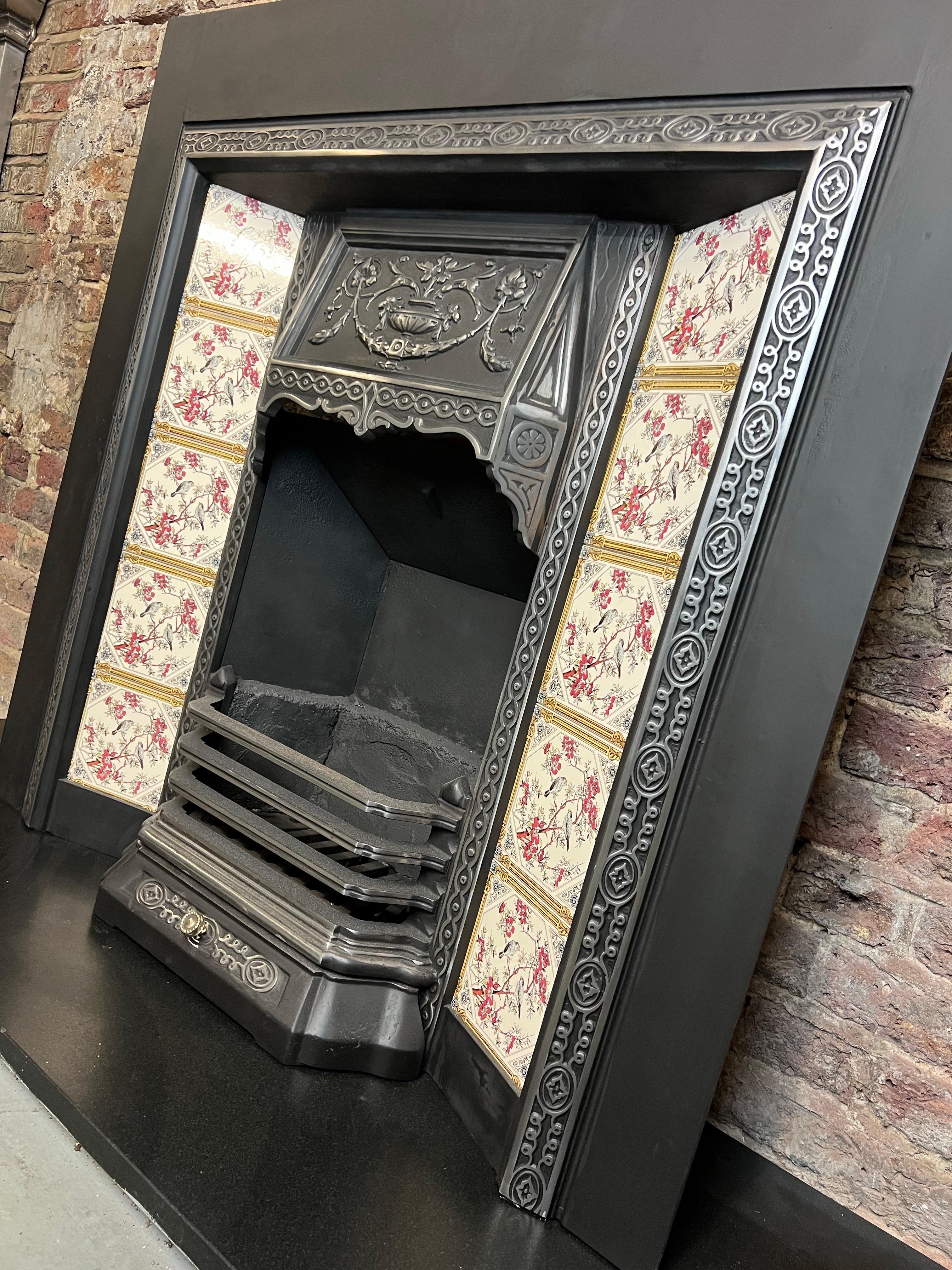 19th Century Victorian Styled Cast Iron Tiled Fireplace Insert For Sale 9