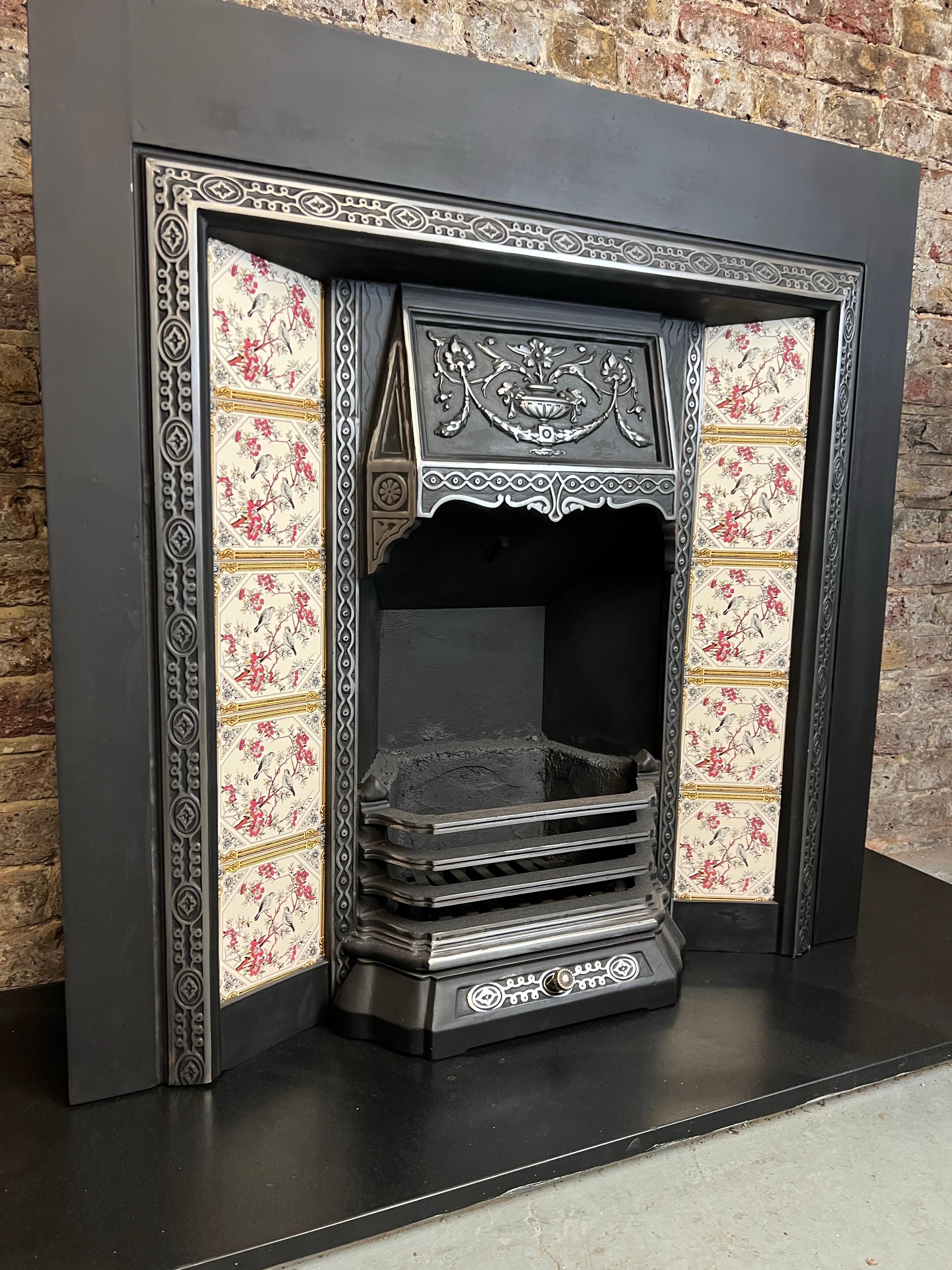 19th Century Victorian Styled Cast Iron Tiled Fireplace Insert For Sale 10