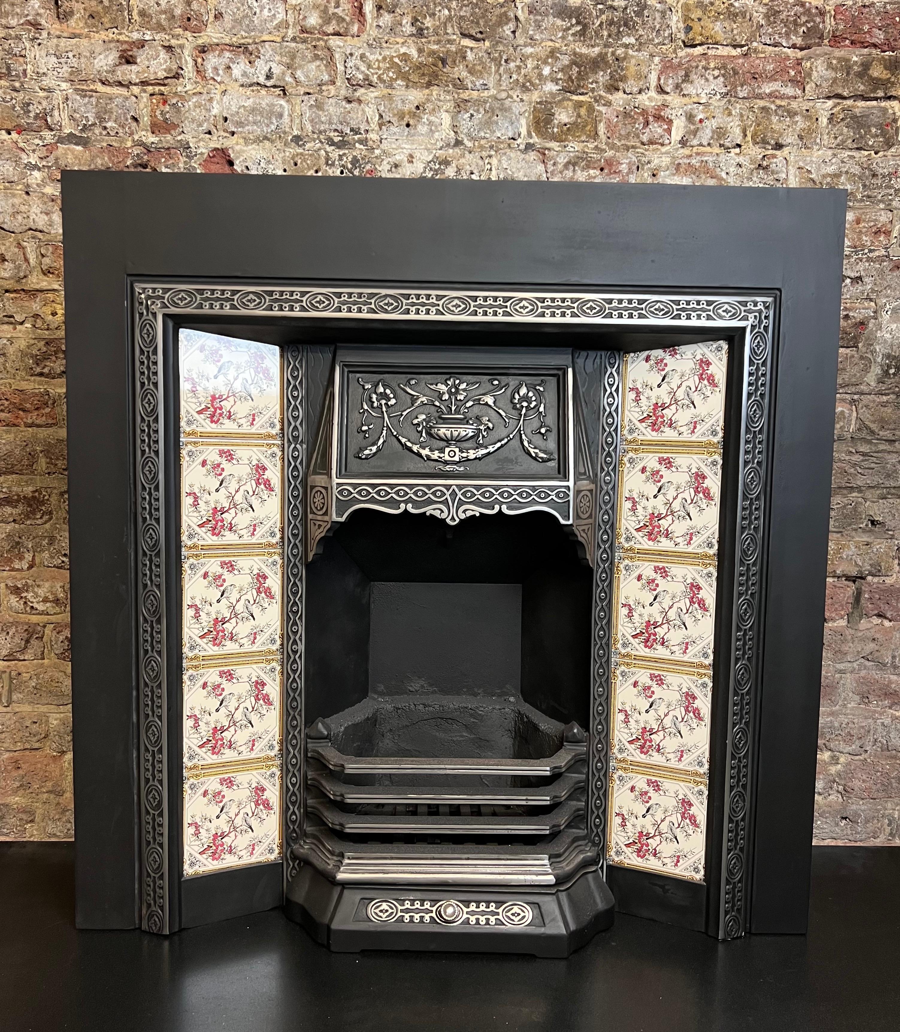 Blackened 19th Century Victorian Styled Cast Iron Tiled Fireplace Insert For Sale