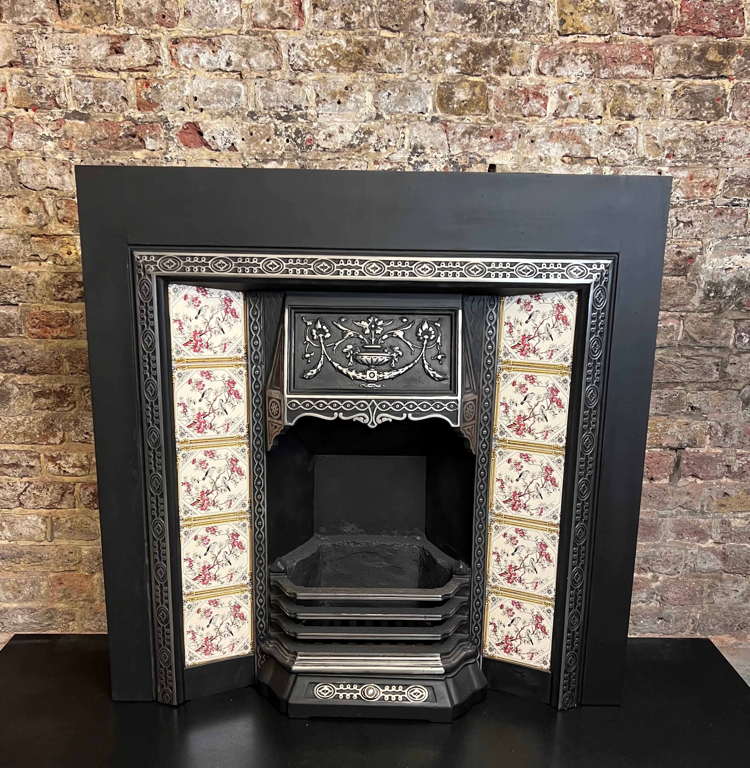 20th Century 19th Century Victorian Styled Cast Iron Tiled Fireplace Insert For Sale