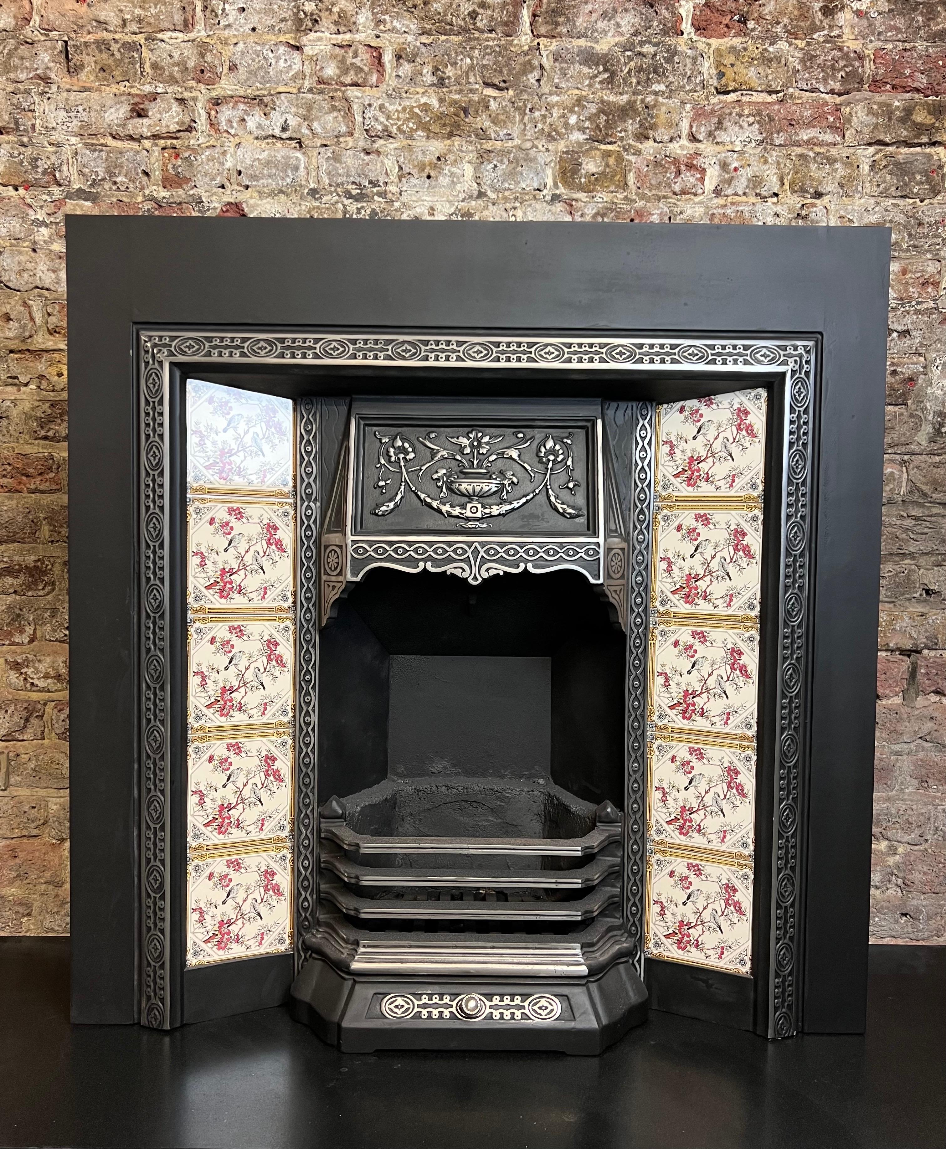 19th Century Victorian Styled Cast Iron Tiled Fireplace Insert For Sale 1