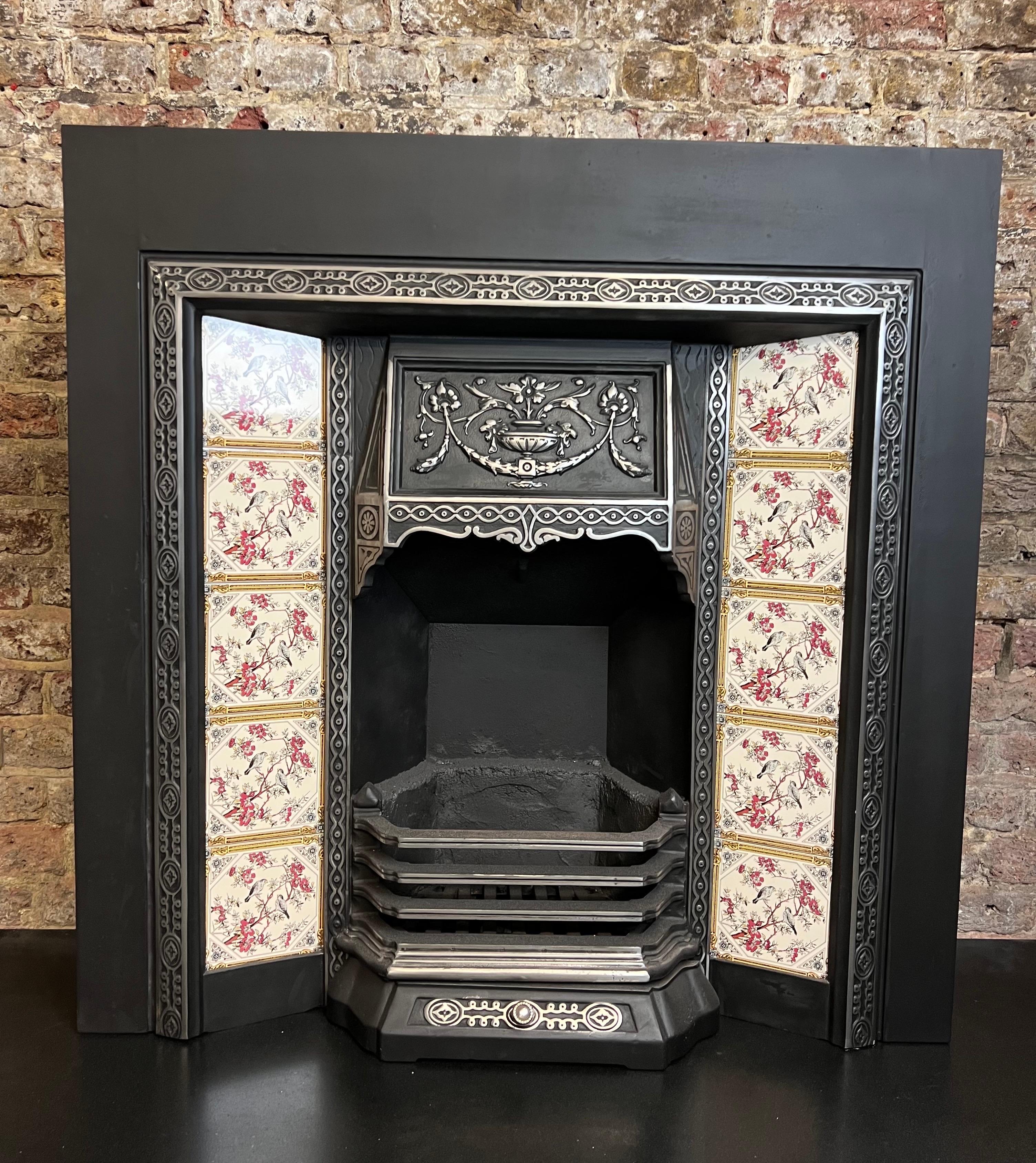 19th Century Victorian Styled Cast Iron Tiled Fireplace Insert For Sale 2