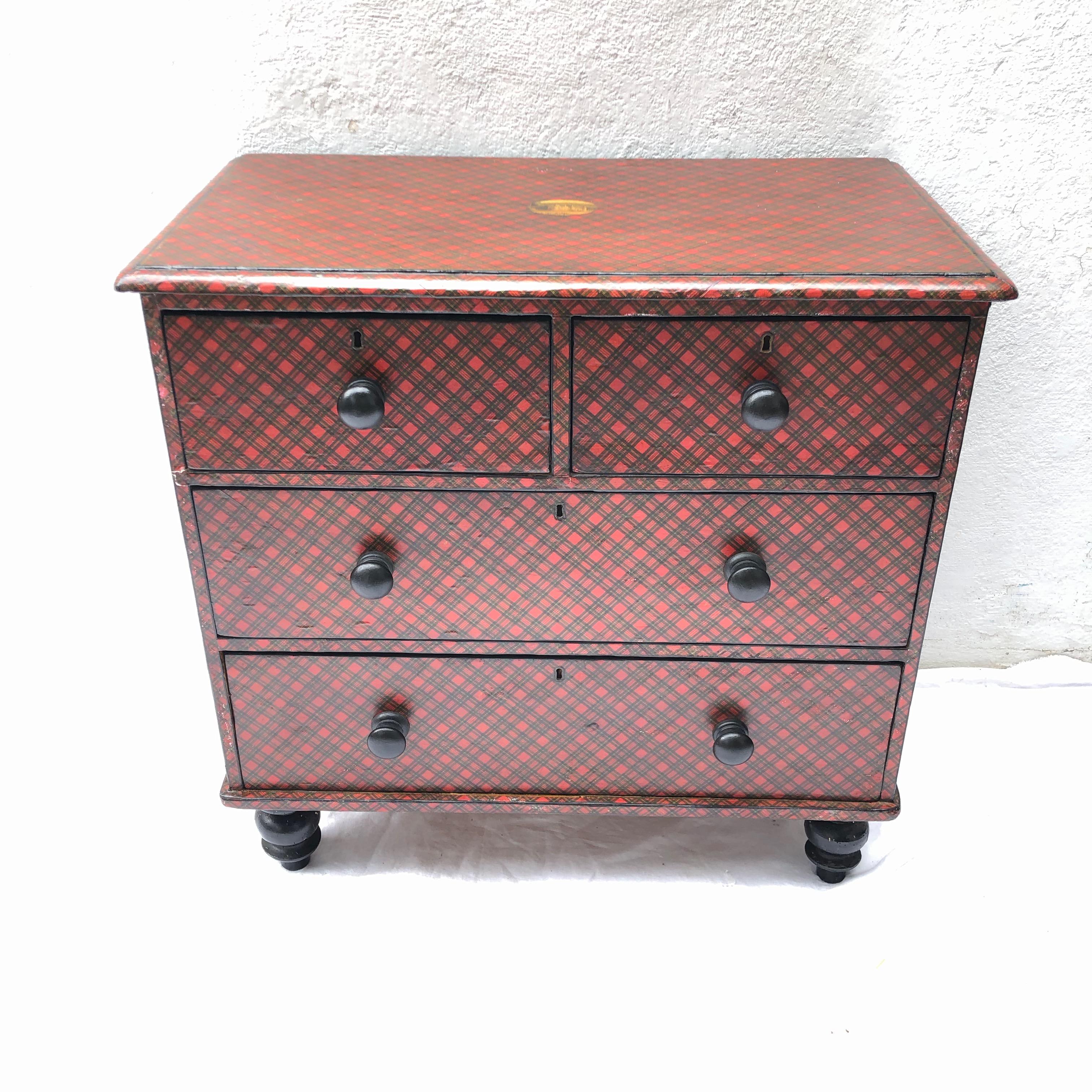 Late 19th century Victorian Tartanware painted black and decoupage chest of drawers.