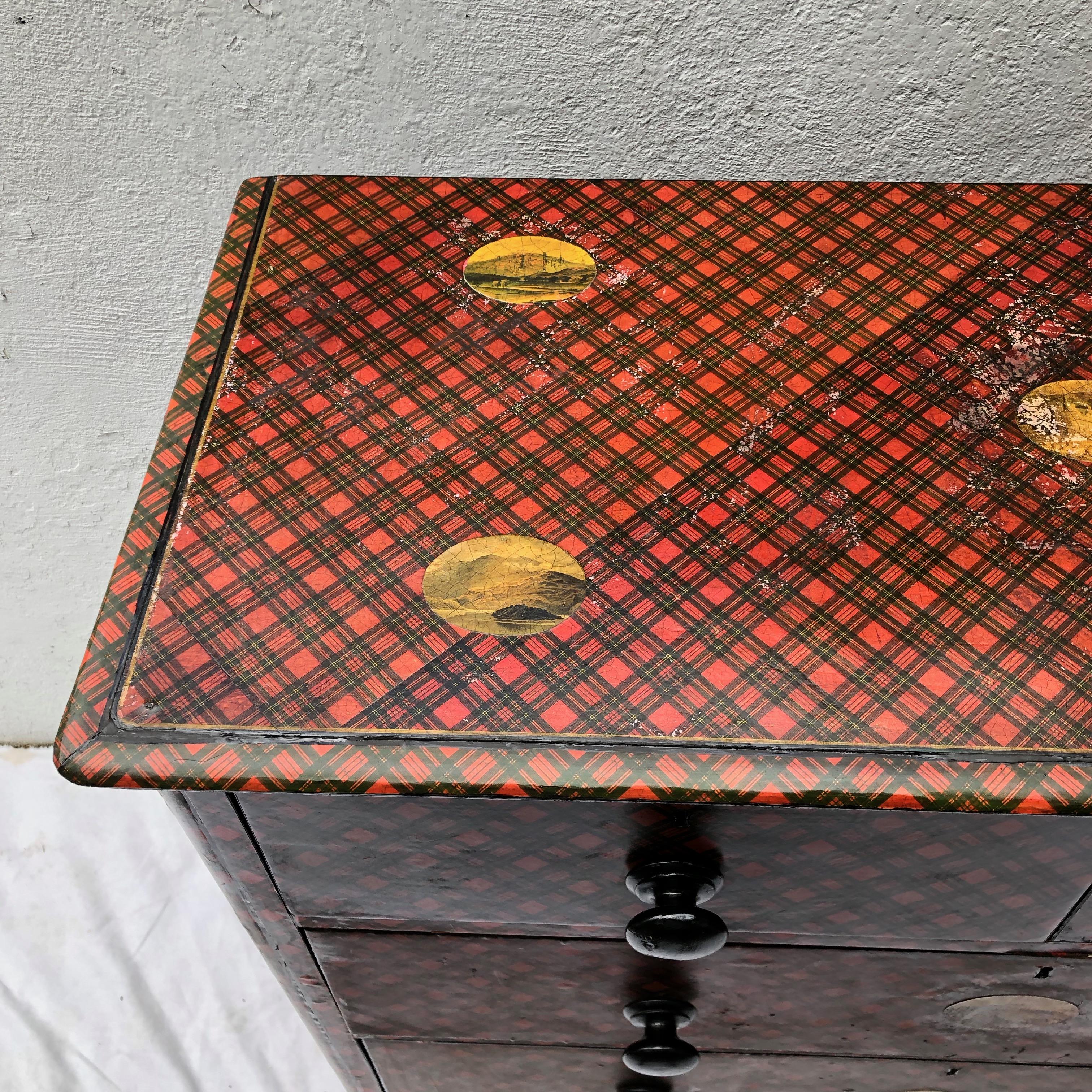 19th Century Victorian Tartanware Painted Black and Decoupage Chest of Drawers In Good Condition In East Hampton, NY