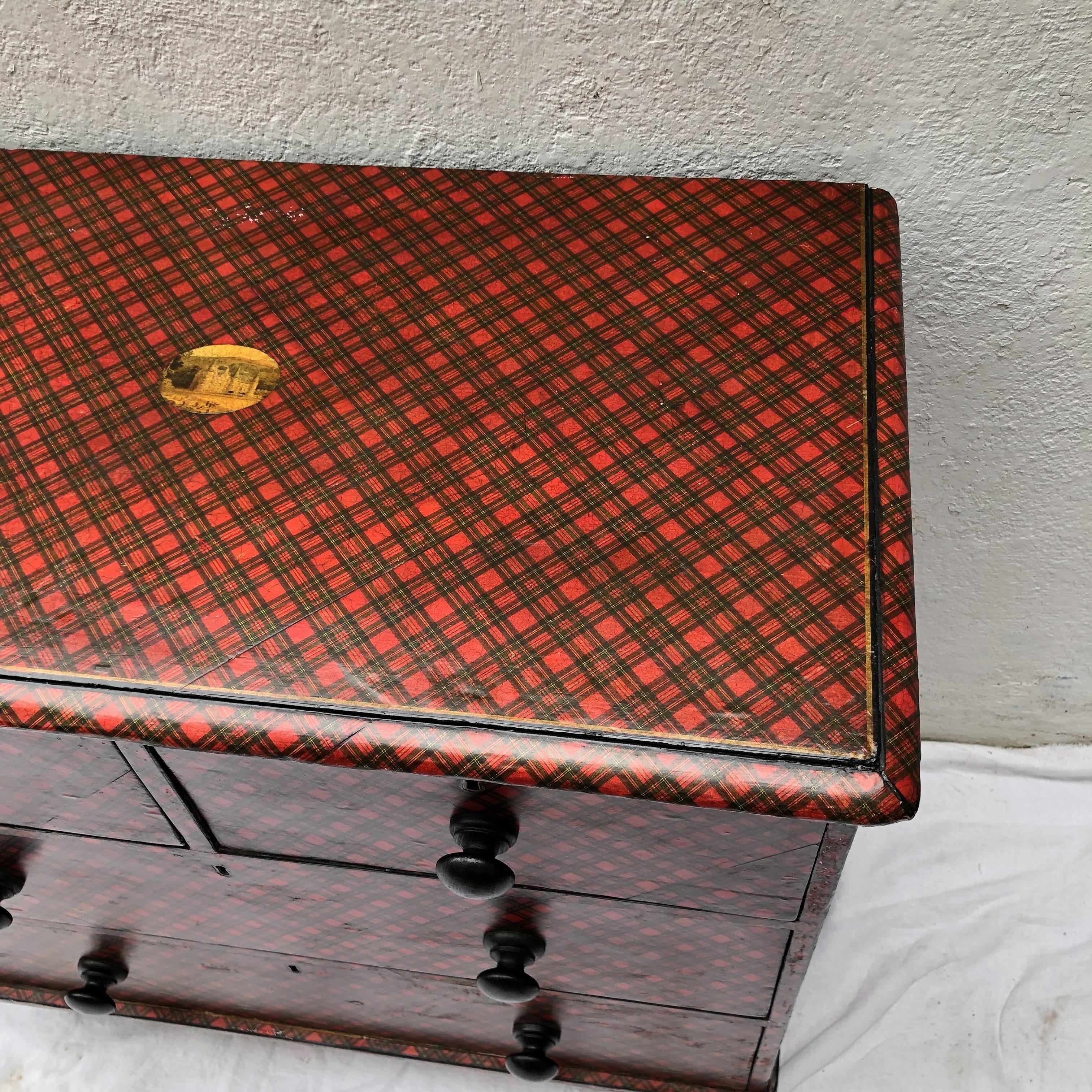 Wood 19th Century Victorian Tartanware Painted Black and Decoupage Chest of Drawers