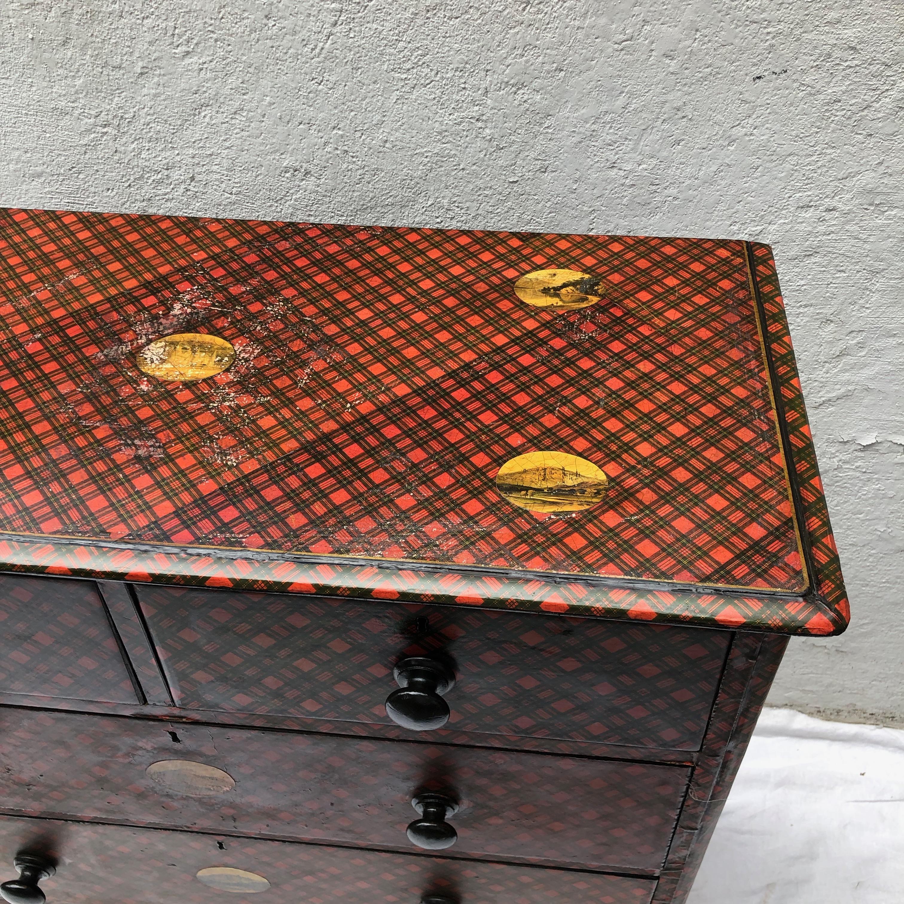 Wood 19th Century Victorian Tartanware Painted Black and Decoupage Chest of Drawers