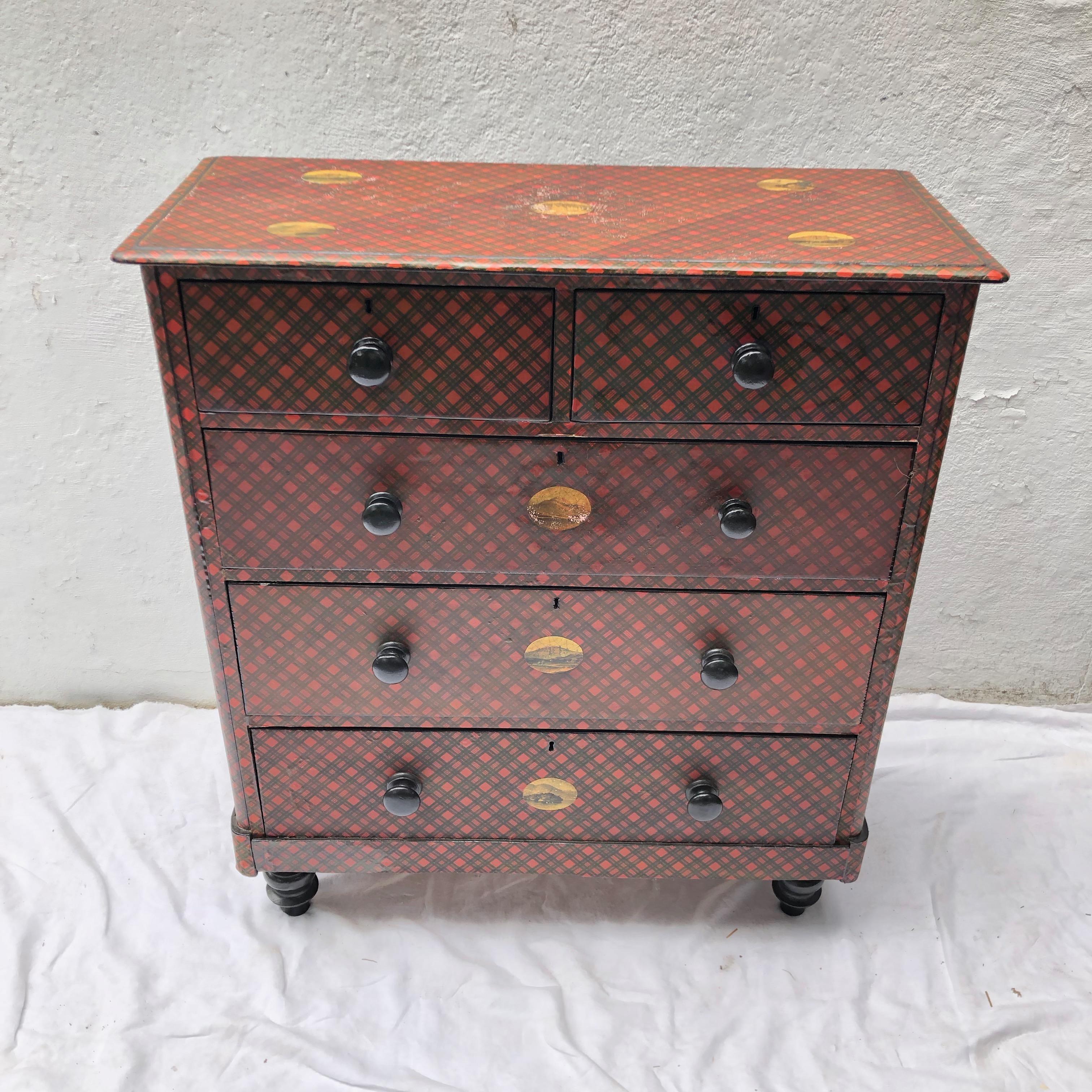 19th Century Victorian Tartanware Painted Black and Decoupage Chest of Drawers 1