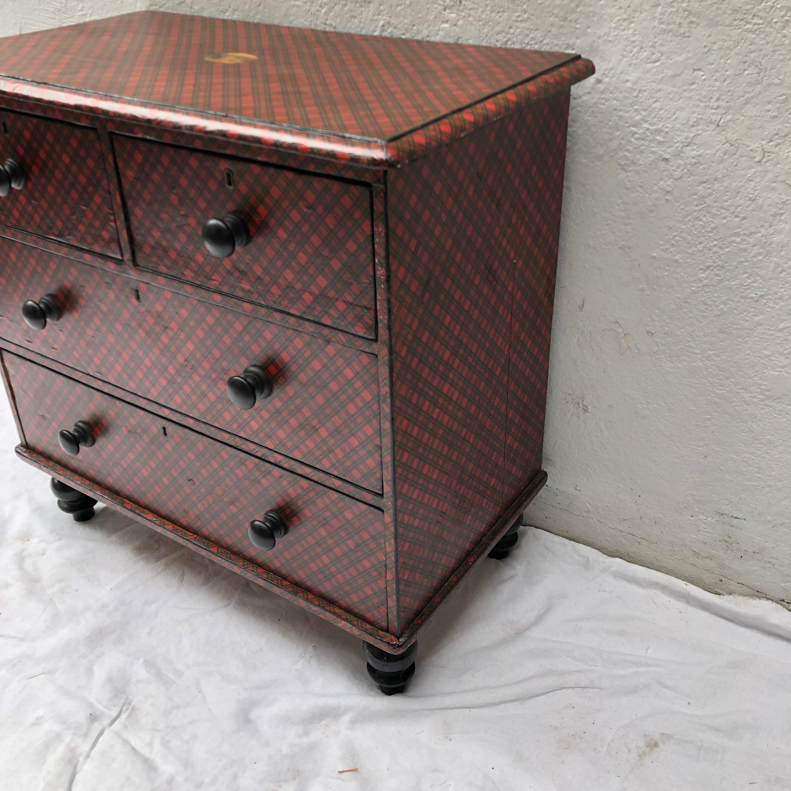 19th Century Victorian Tartanware Painted Black and Decoupage Chest of Drawers 2