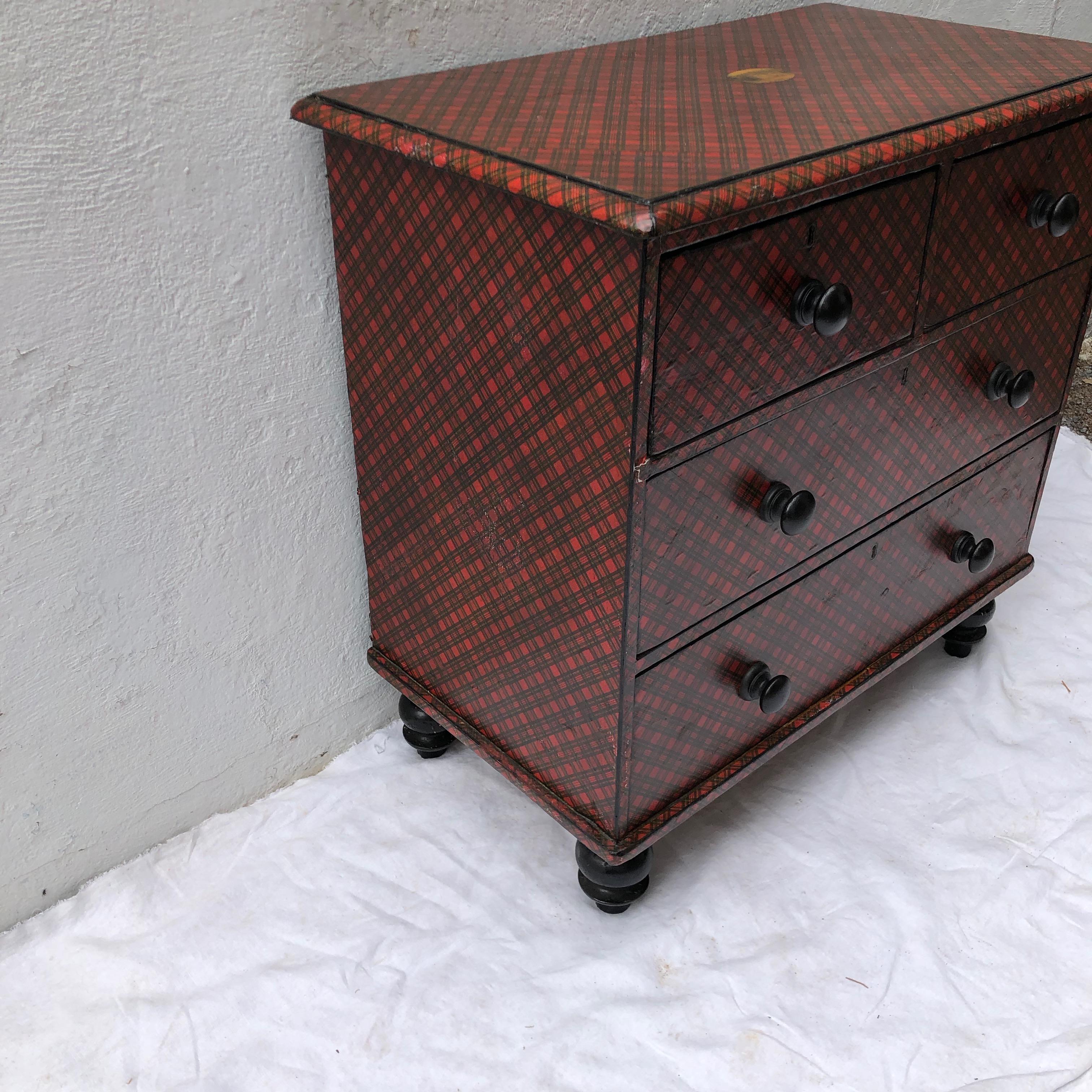 19th Century Victorian Tartanware Painted Black and Decoupage Chest of Drawers 3