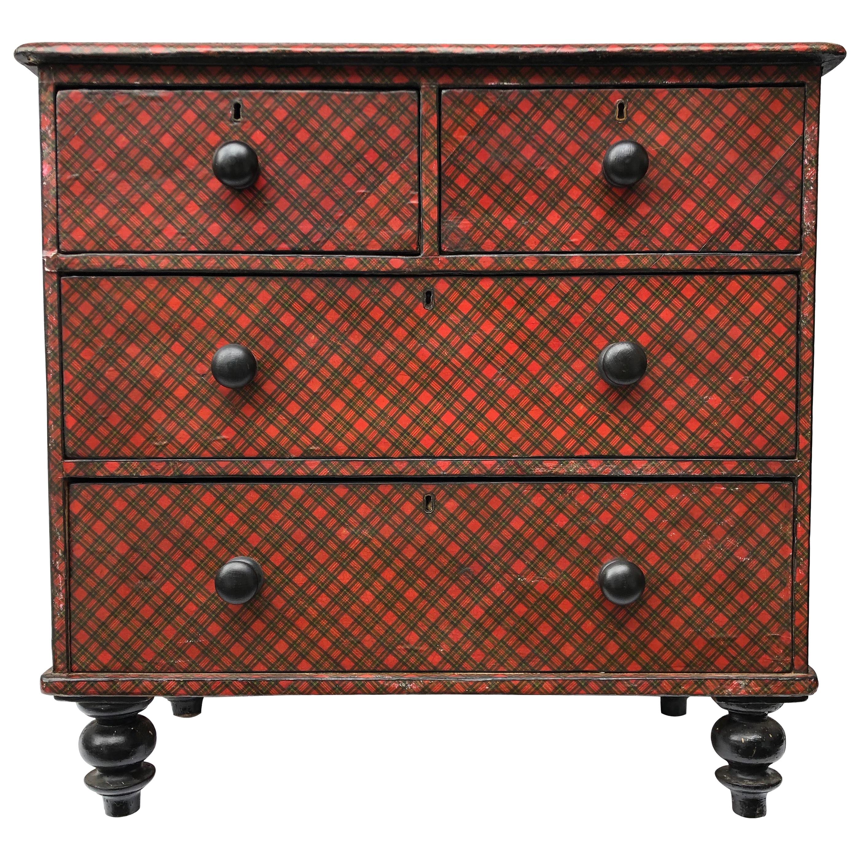 19th Century Victorian Tartanware Painted Black and Decoupage Chest of Drawers