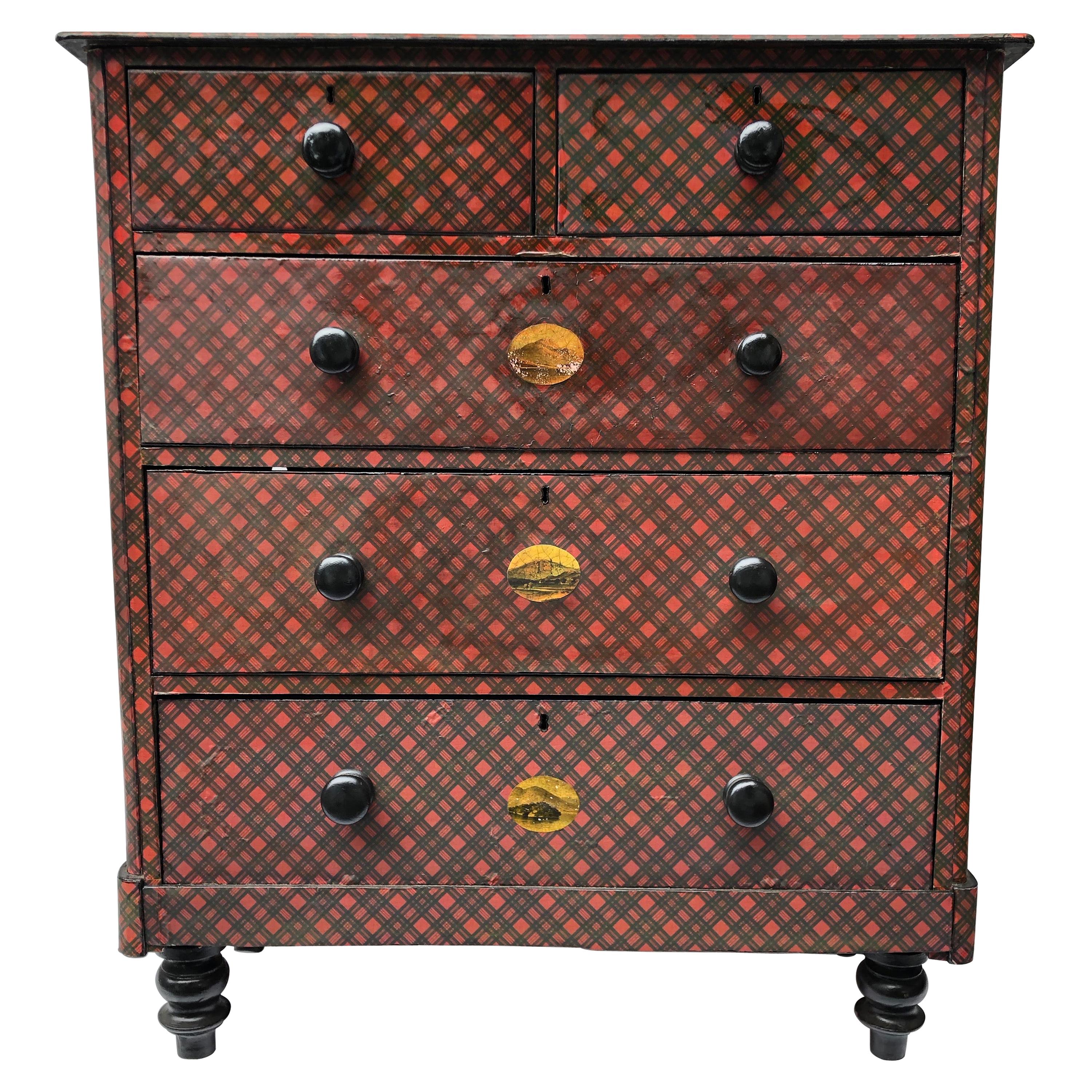 19th Century Victorian Tartanware Painted Black and Decoupage Chest of Drawers