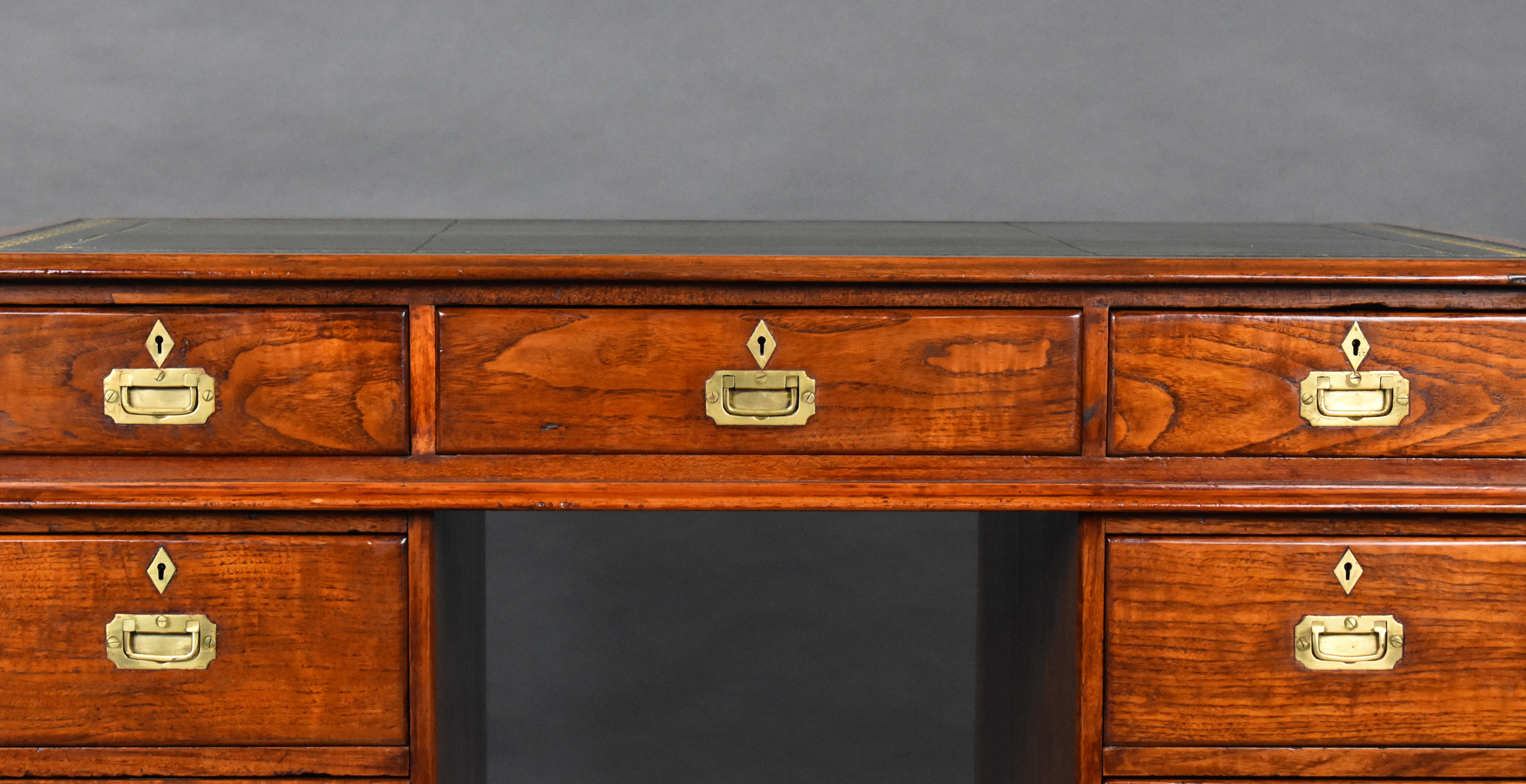 19th Century Victorian Teak Campaign Pedestal Desk 1