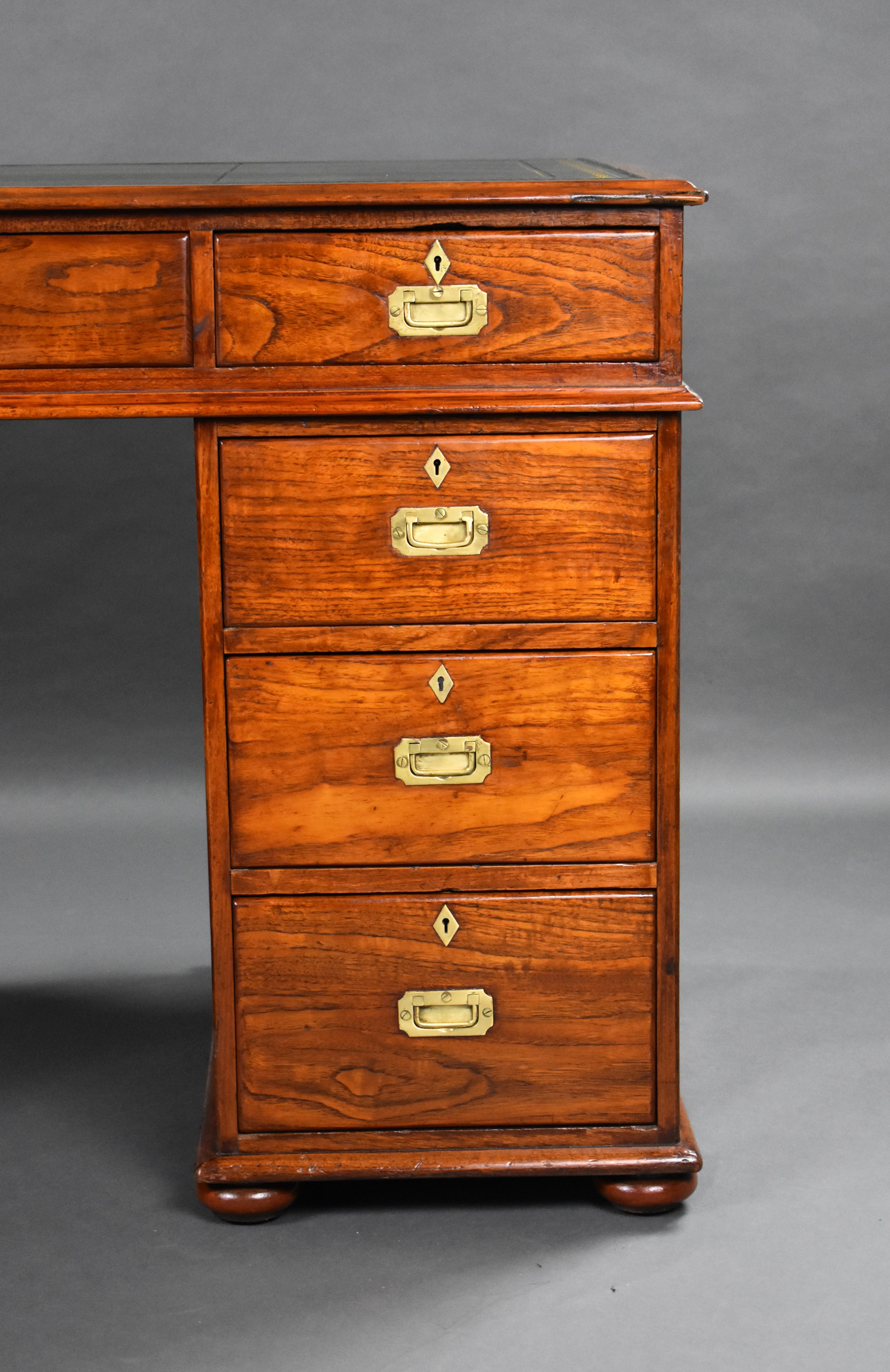 19th Century Victorian Teak Campaign Pedestal Desk 2