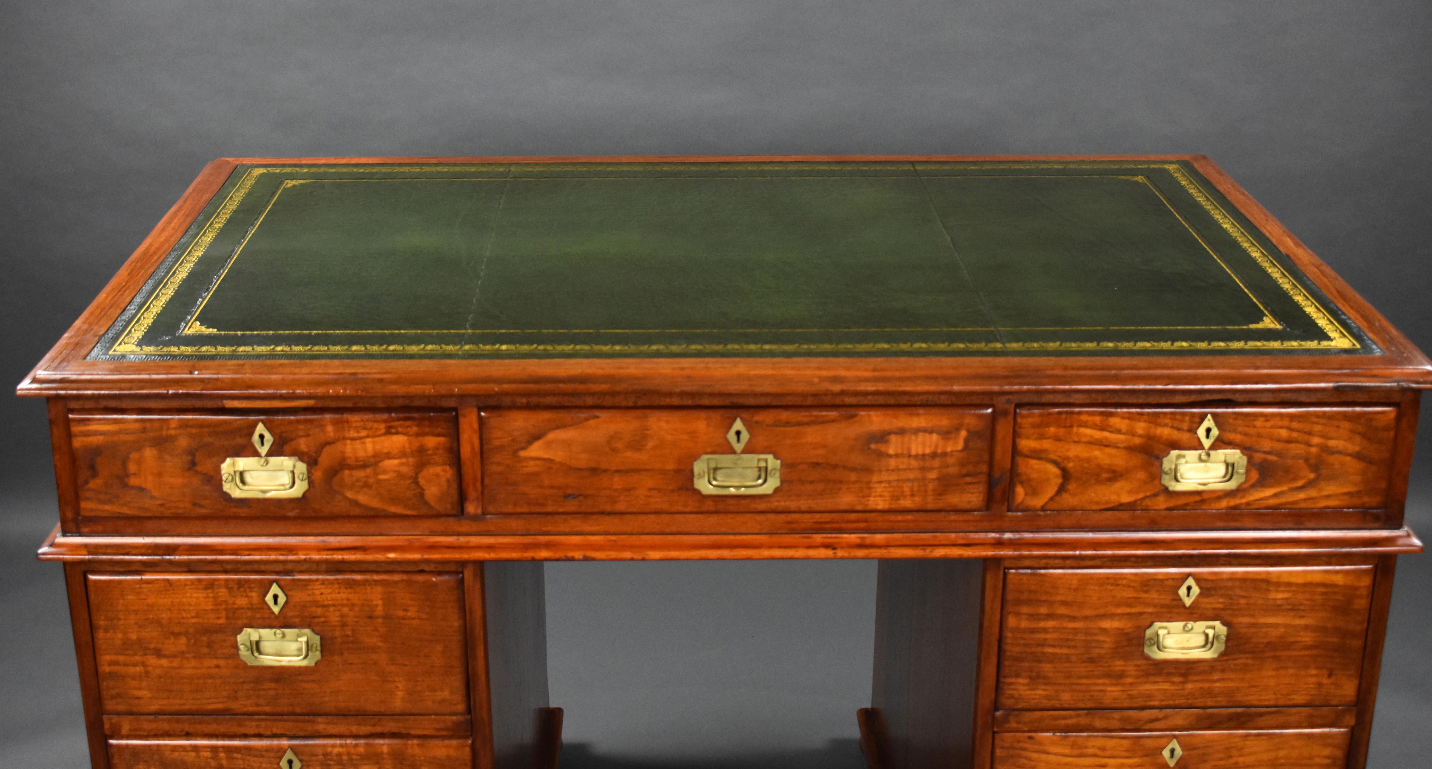 19th Century Victorian Teak Campaign Pedestal Desk 3