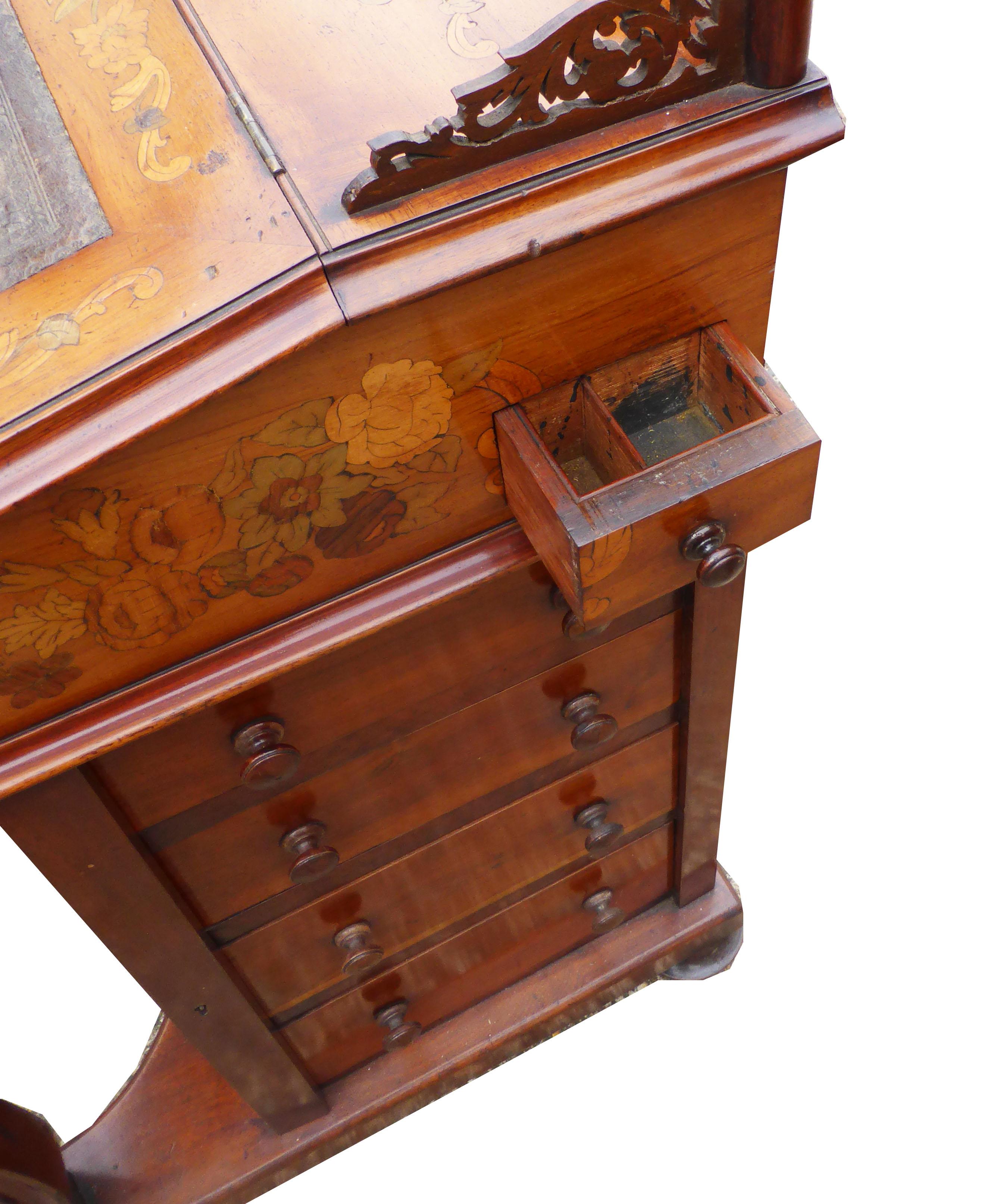19th Century Victorian Walnut and Marquetry Davenport 1